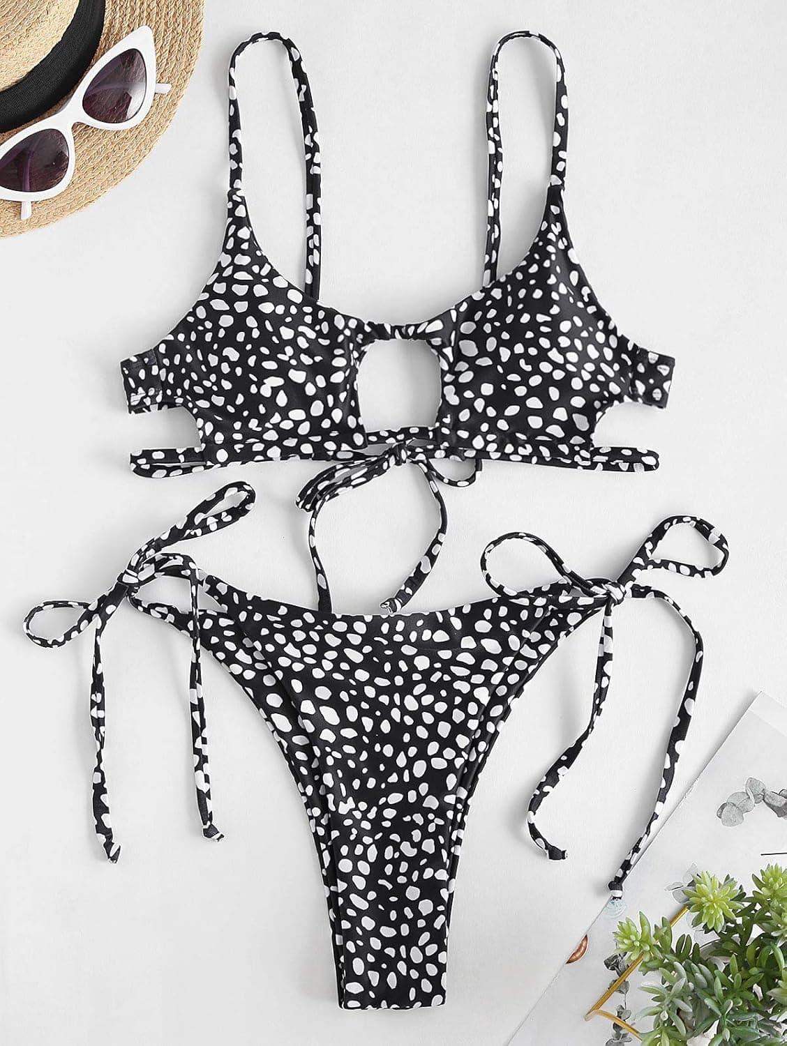 ZAFUL Women's Cutout Spaghetti Strap Lace Up Ribbed Cami Bikini Set Swimsuit (D-Black, S)