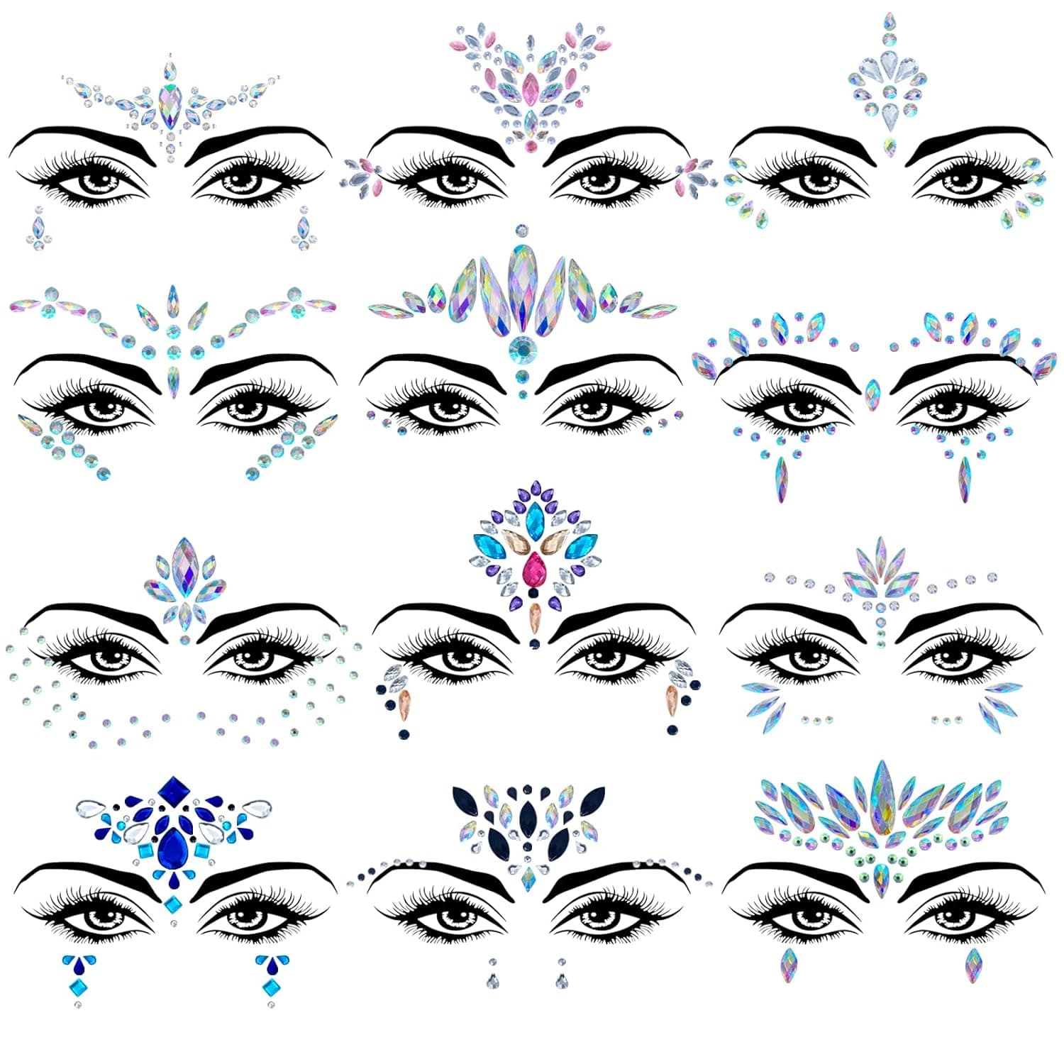 Lusy DM 12 Sets Face Gems Mermaid Face Jewels Rhinestone Rave Face Gems Temporary Tattoos Crystal Face Jewels Stickers for Race Carnival Festival Party