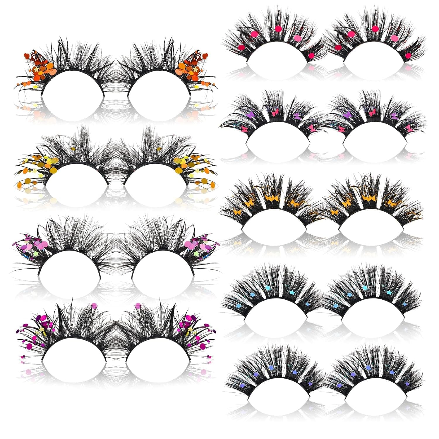 9 Pairs False Lashes 6D Fluffy Glitter Eyelashes Mink Color Dramatic Handmade Decoration Eye Lashes Set for Halloween Cosplay Costumes Fake Eyelashes