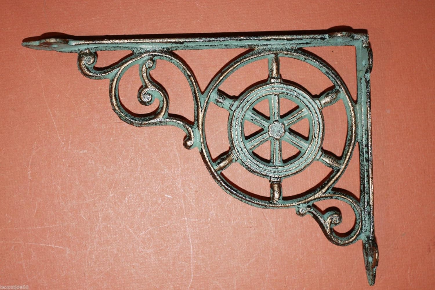Antiqued-Look Nautical Window Decor, Decorative Ship's Wheel Cast Iron Window Corner Shelf Brackets, Bronze Look, 9" x 6 3/4",- Set of 2