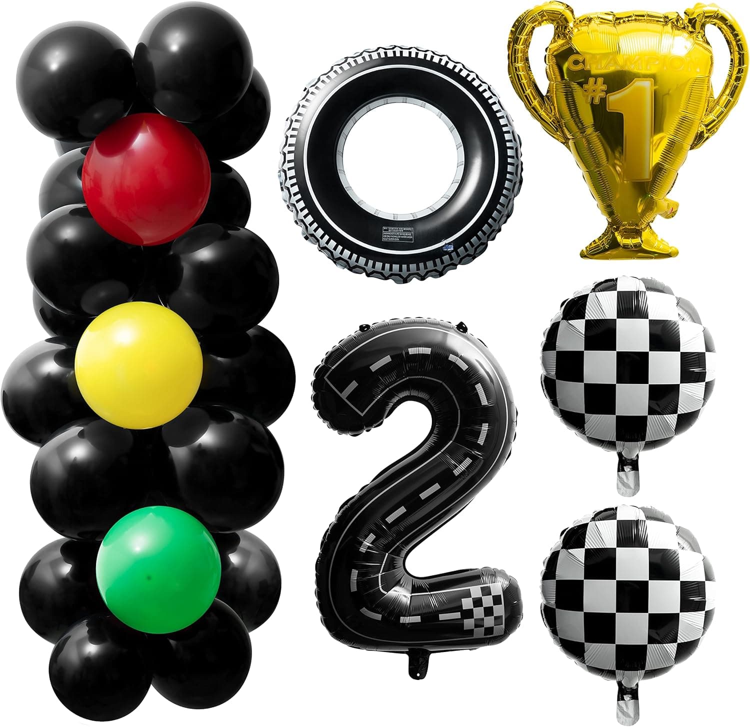29Pcs Two Fast Birthday Party Supplies Decorations, Inflatable Tires Checked Traffic Light Trophy Number 2 Foil Balloons Racing Car Birthday Party Favors Collections for Age-2 Boys Kids Racer Fans