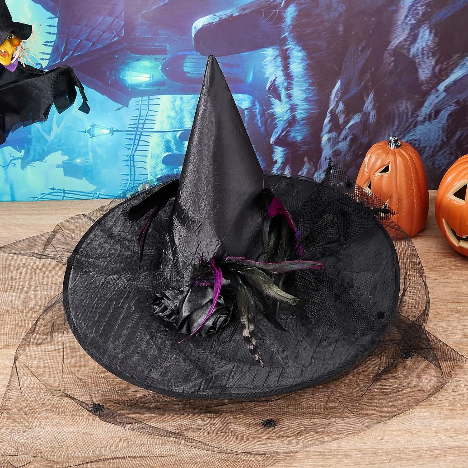 SHIBAOZI Witch Hat, Halloween Hat, Spiders Veil Witch Hat Feathers Women Witch Hat Party Carnival Christmas Cosplay Costume Accessory
