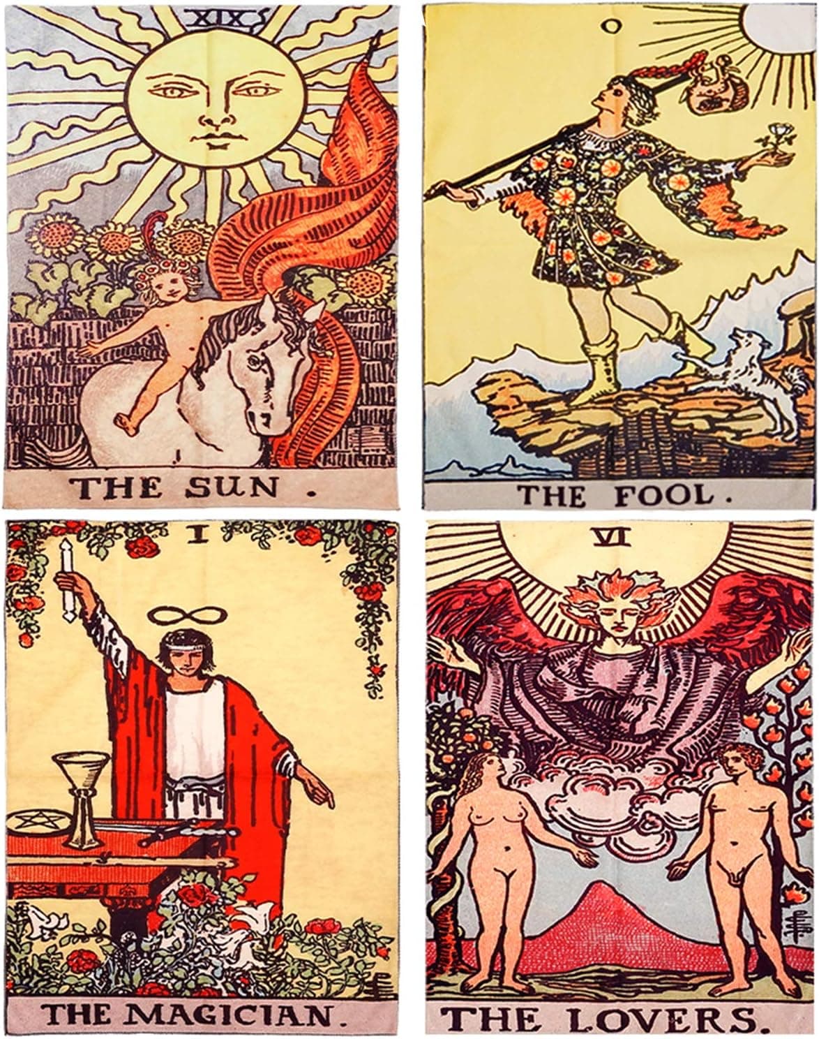 4 Pack Tarot Tapestry - The Sun, The Lovers, The Fool and The Magician, Hand Made Wall Hanging Tapestries for Living Room Bedroom Dorm Decor, 19.7 x 15.7 inches