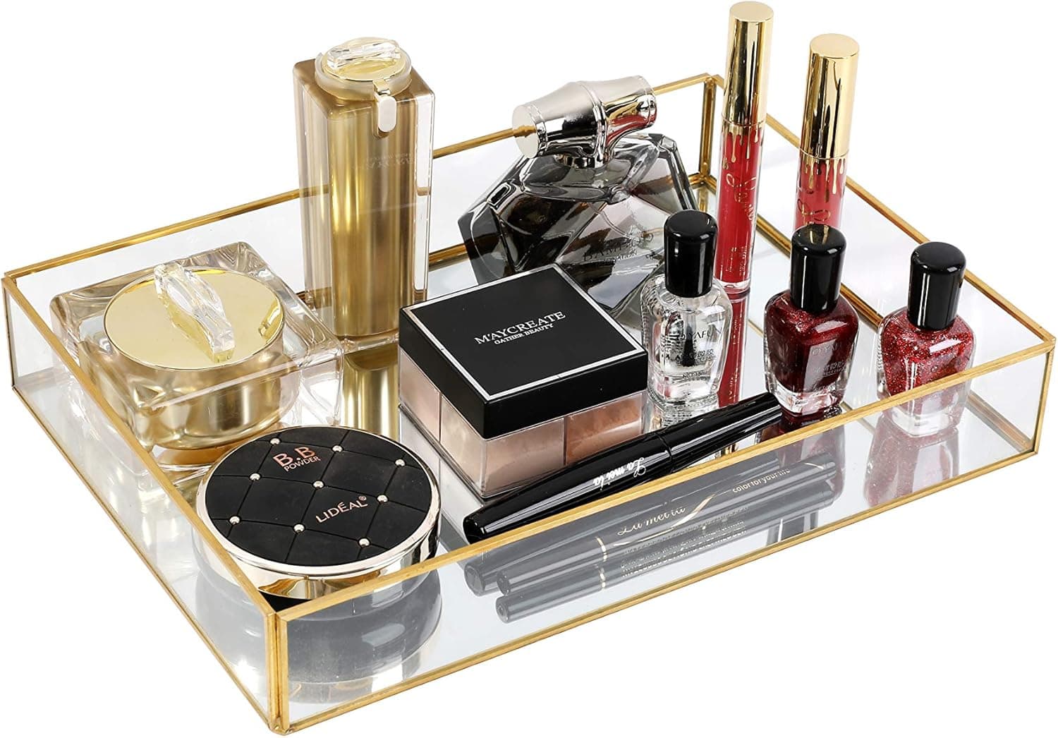 YCOCO Mirrored Counter Trays Makeup Jewelry Organizer Decorative Rectangle Tray for Dresser,Bathroom,Bedroom,Cosmetics Vanity Tray,Gold