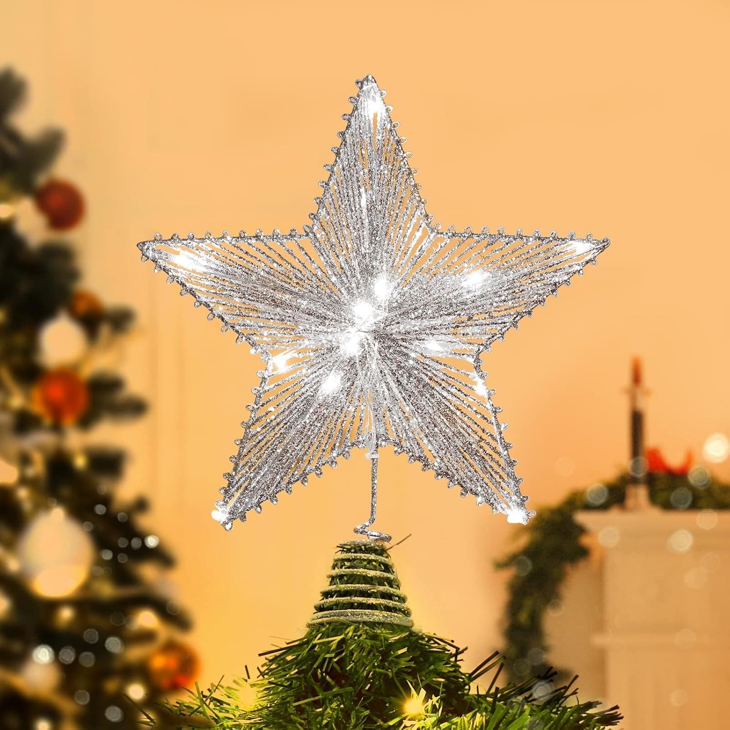 Shinowa Christmas Tree Topper, Christmas Star Tree Topper 11.8 Inch with 20 LED Beaded, Battery Operated Tree Toppers Christmas Decorations for Christmas Tree Xmas Home Decoration, Silver