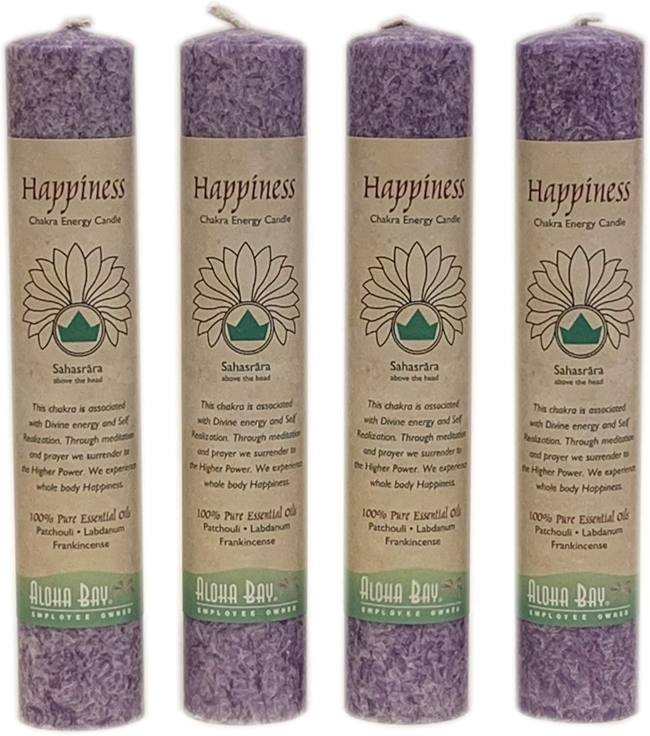 Aloha Bay Chakra Energy Pillar Candles | Meditation and Balance Set (4 Pack, Happiness - Sahasrara | Patchouli, Labdanum, Frankincense)