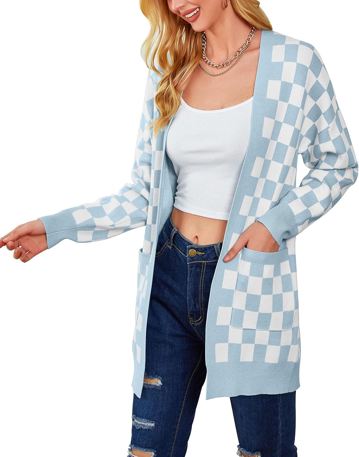 MEROKEETY Womens Plaid Long Sleeve Open Front Cardigan Pockets Knit Sweater Coat