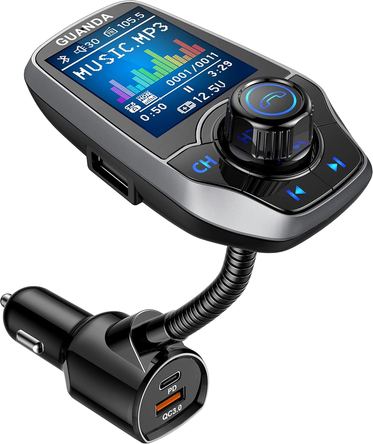 Bluetooth FM Transmitter in-Car Wireless Radio Adapter Kit W 1.8" Color Display Hands-Free Call AUX in/Out SD/TF Card USB Charger PD 20W for All Smartphones Audio Players - RM100C Pewter