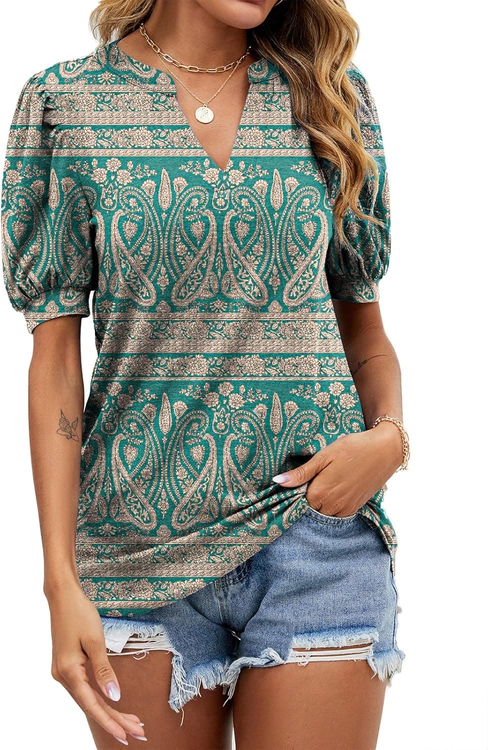Women Casual V Neck T-Shirts Summer Puff Short Sleeve Tops Loose Fit Tunic Basic Tees