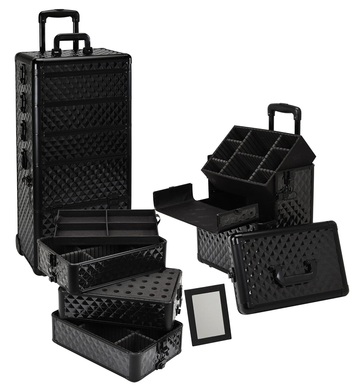 Seya 4 in 1 Rolling Makeup Case w/Removable Tiers and Adjustable Dividers (All Black Diamond)