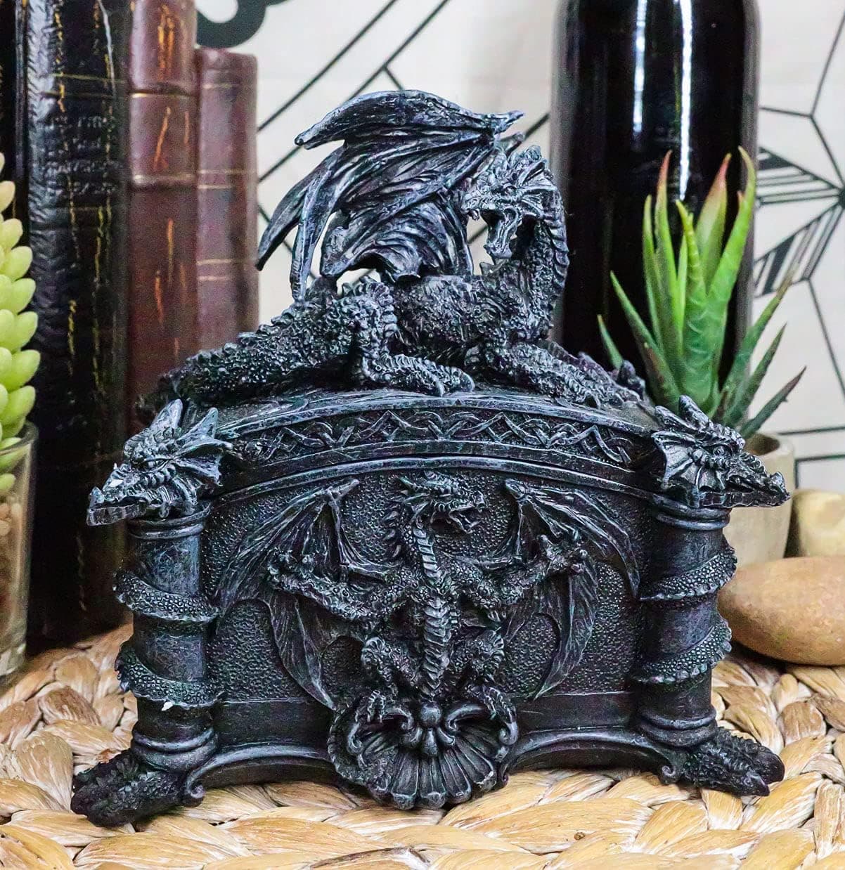 Ebros Gift Celtic Knotwork Grave Tomb Mythical Roaring Fire Dragon Decorative Trinket Jewelry Box Figurine 6.25" Long Medieval Renaissance Winged Alchemy Dungeons Dragons Decorative Statue