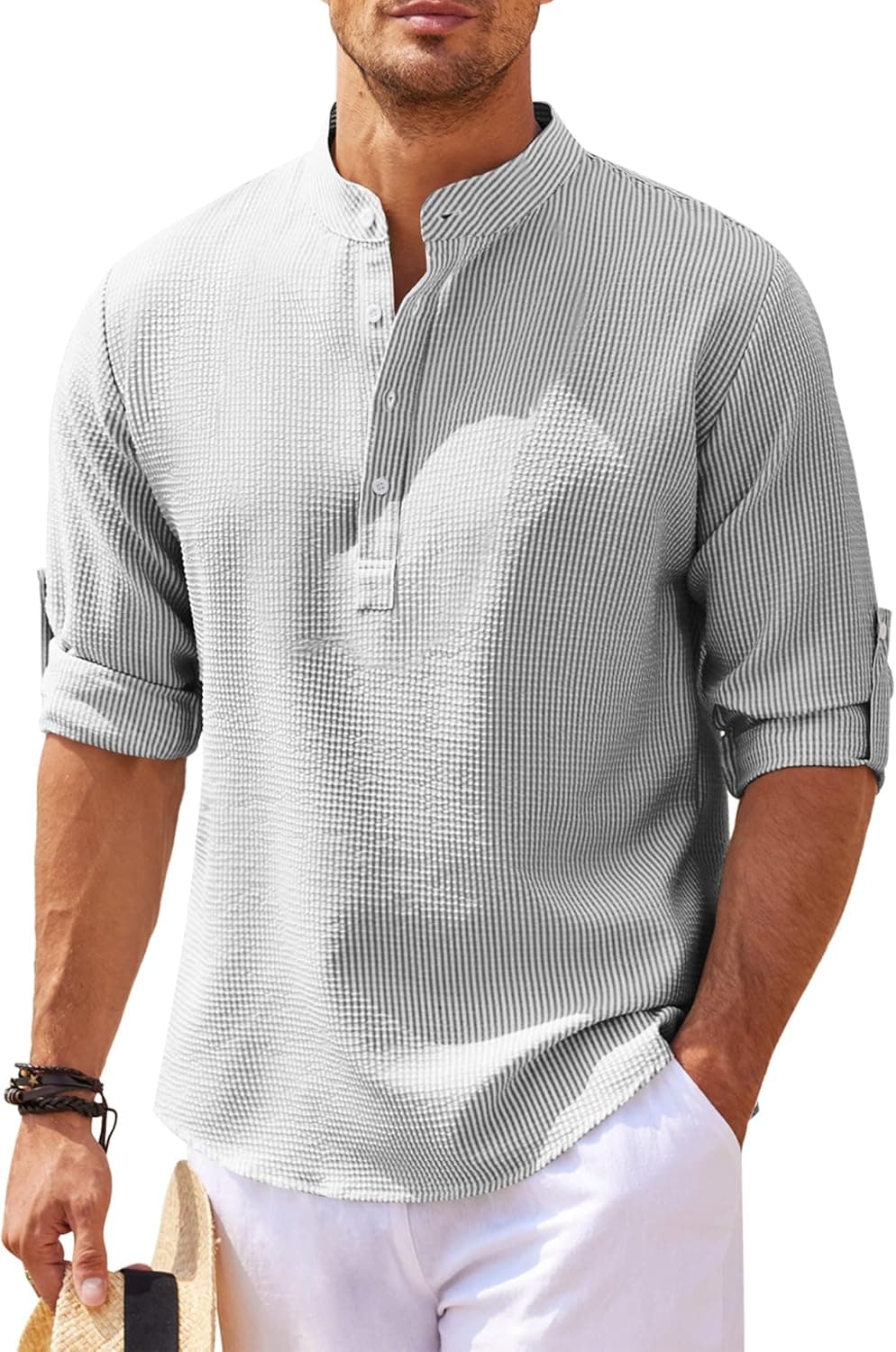 COOFANDY Men's Casual Henley Shirts Band Collar Long Sleeve Beach Hippie T Shirts Fashion Striped Shirts