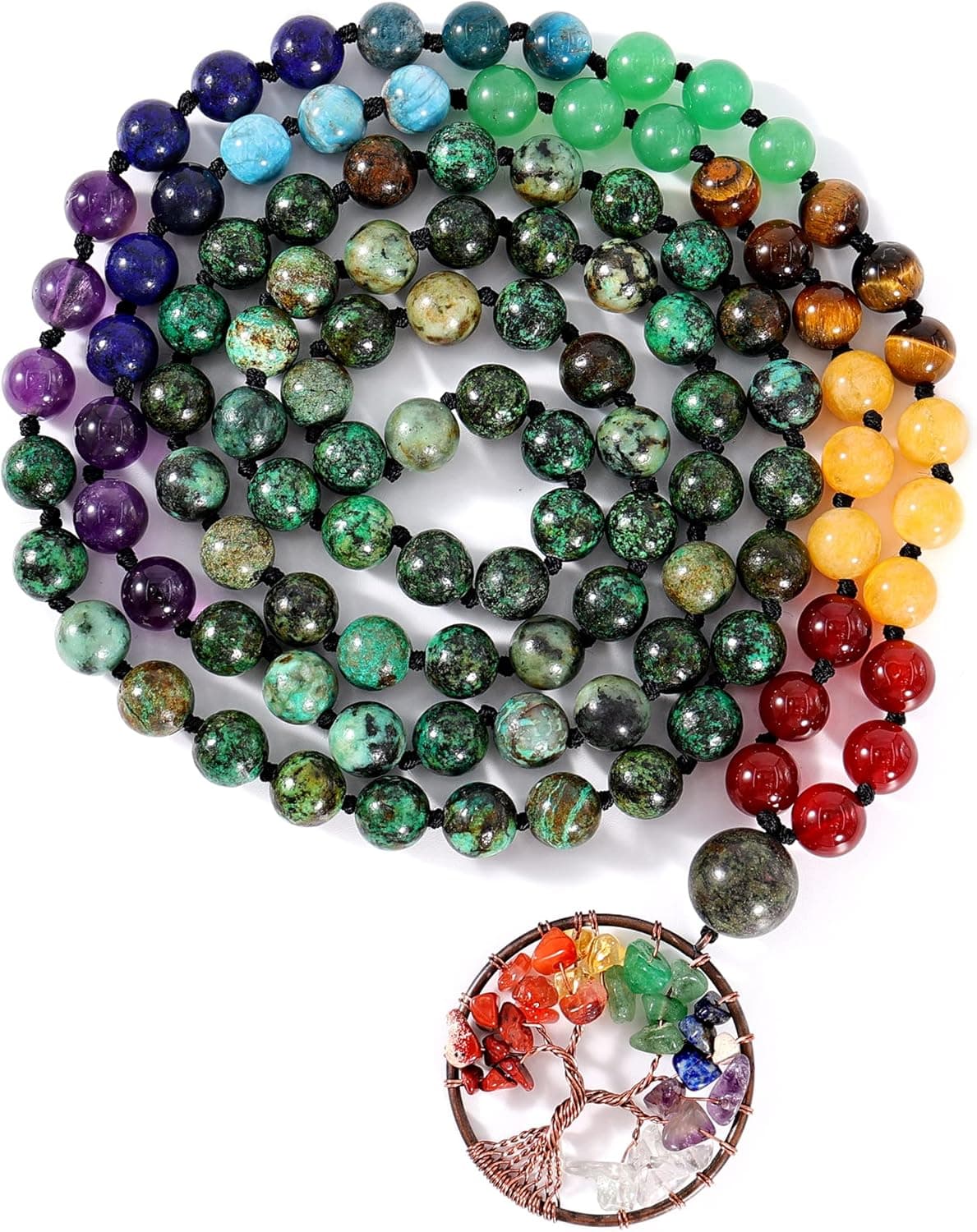 Bivei 108 Mala Beads Bracelet - 7 Chakra Tree of Life Real Healing Gemstone Yoga Meditation Hand Knotted Mala Prayer Bead Necklace