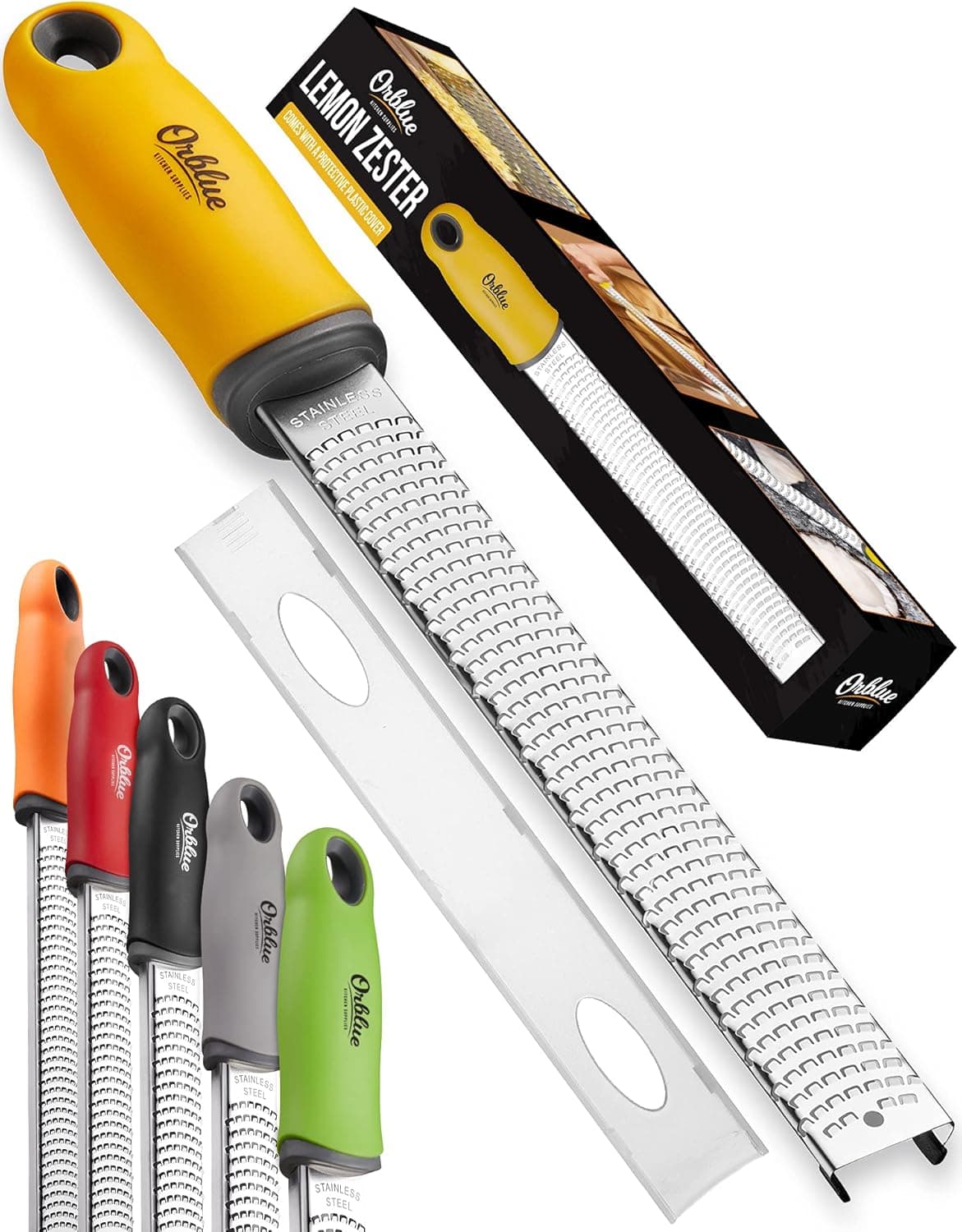 Orblue Lemon Zester & Cheese Grater - Premium Citrus Zester, Kitchen Grater for Parmesan, Chocolate, Fruits, Vegetables, Ginger, Garlic, Nutmeg - Stainless Steel Blades with Protective Cover, Yellow