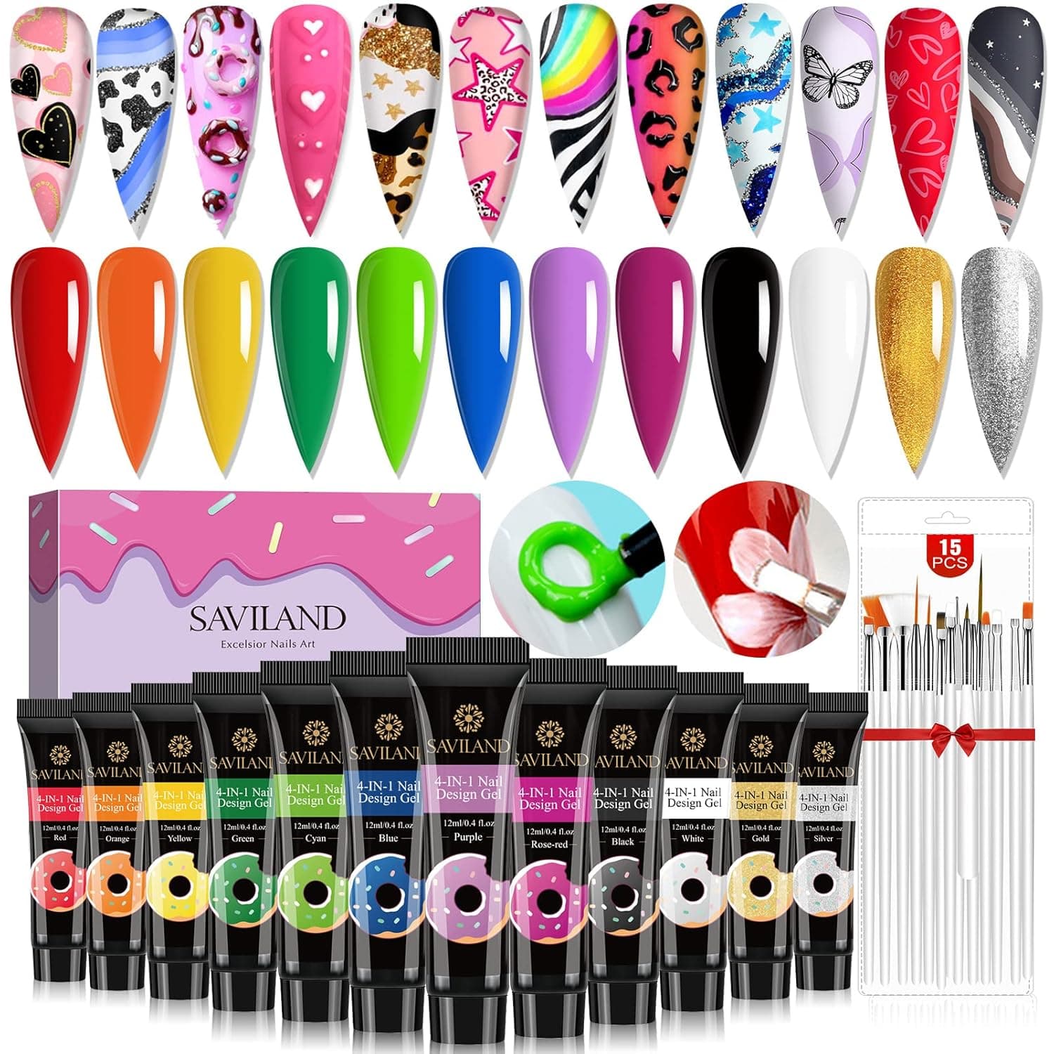 Saviland 4-in-1 Gel Paint Nail Kit - 12 Colors 12ml Gel Nail Polish with 15pcs Nail Art Brushes, Unique Styles Nail Drawing Gel for Micro-Sculpture, Nail Art Decoration, Nail Design