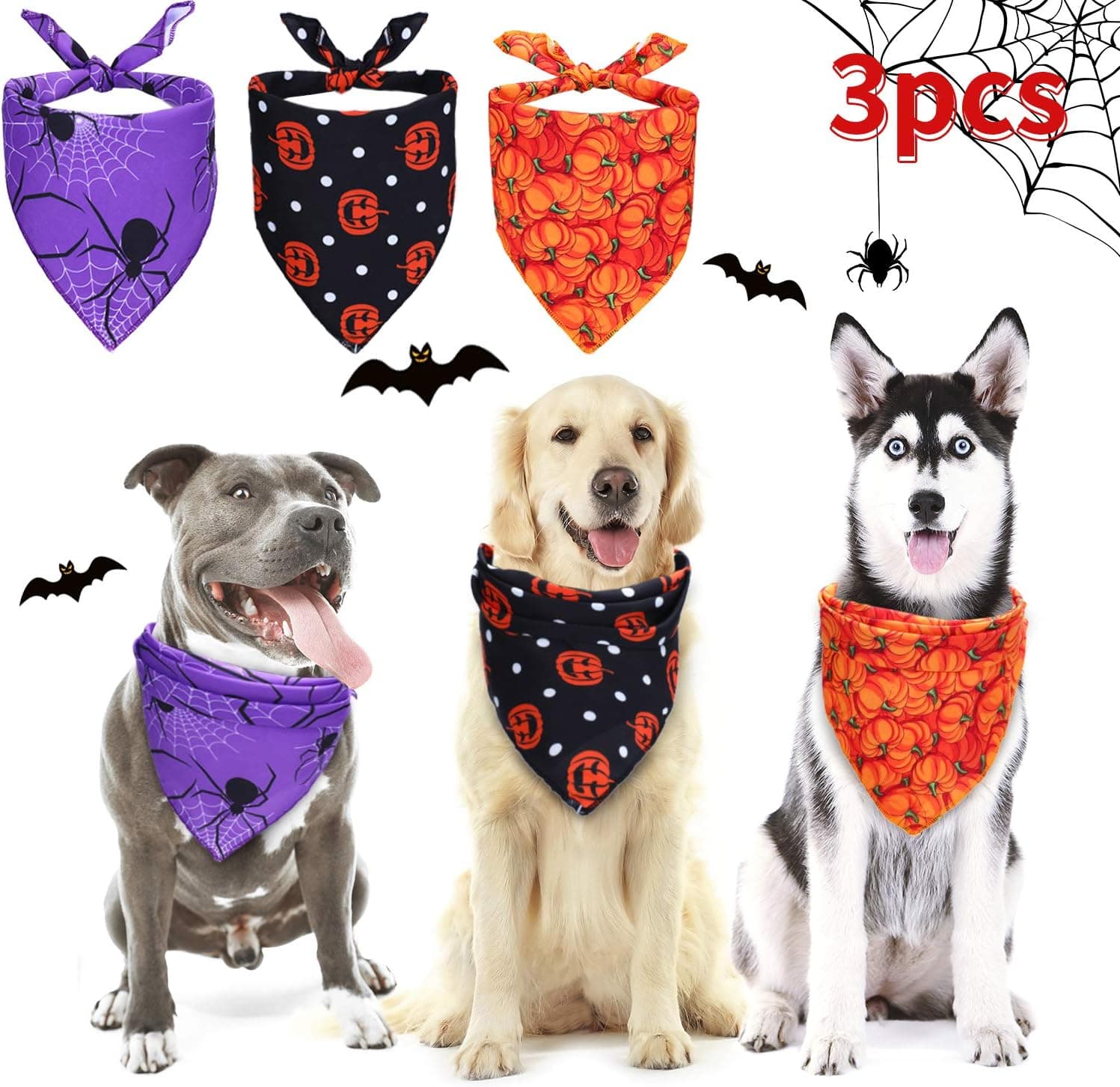 3 Pieces Halloween Dog Bandanas Pet Bandana Pumpkin Pet Scarf Neckerchief Washable Dog Bibs for Dog and Cat, Orange, Purple and Black (Style Set 3 Lager)
