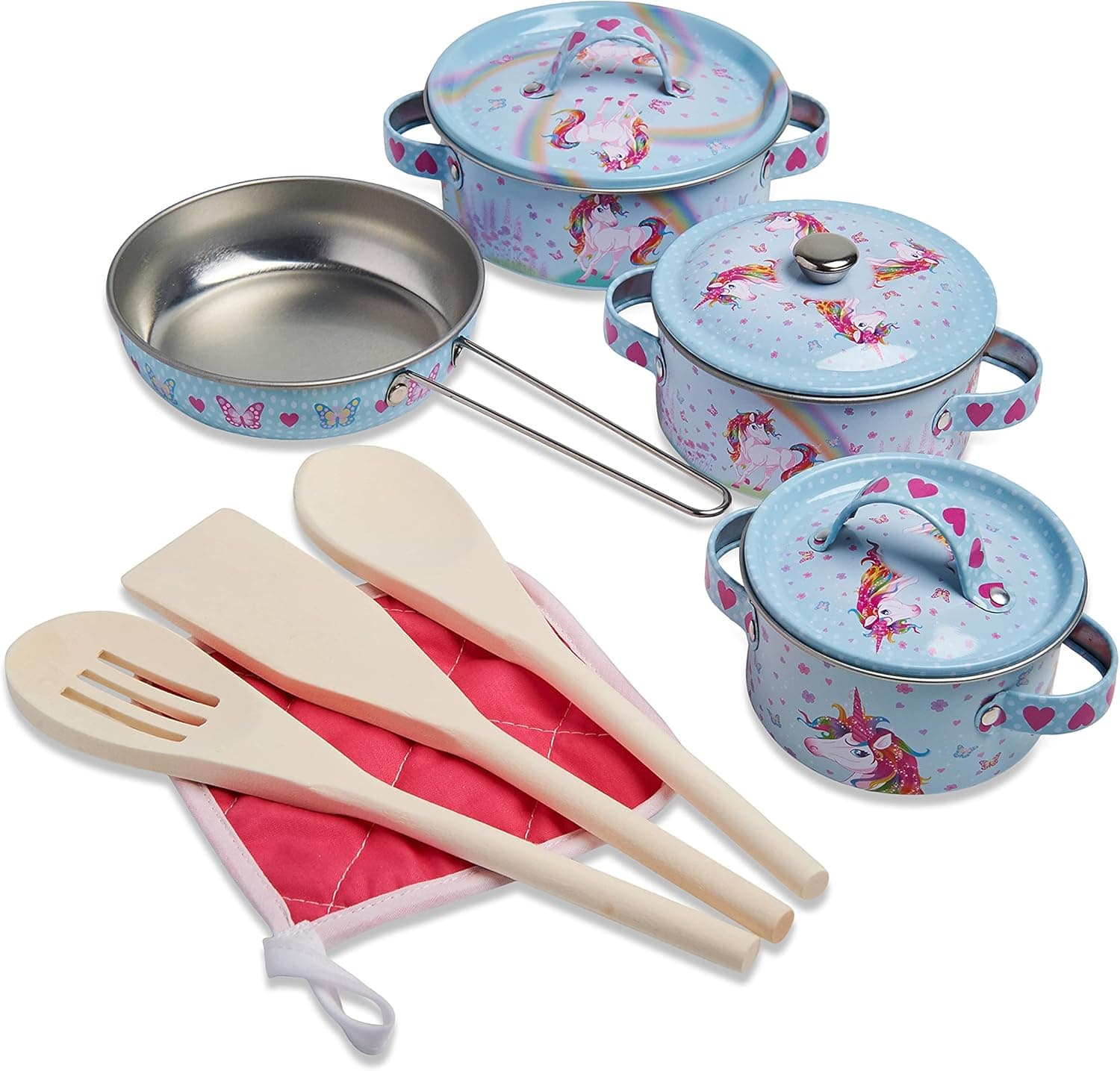 Wobbly Jelly - 'Unicorn Dream' Kids Pretend Play Cooking Set - 11 pc Toy Pots Pans Oven Mitt Spoons Spatula