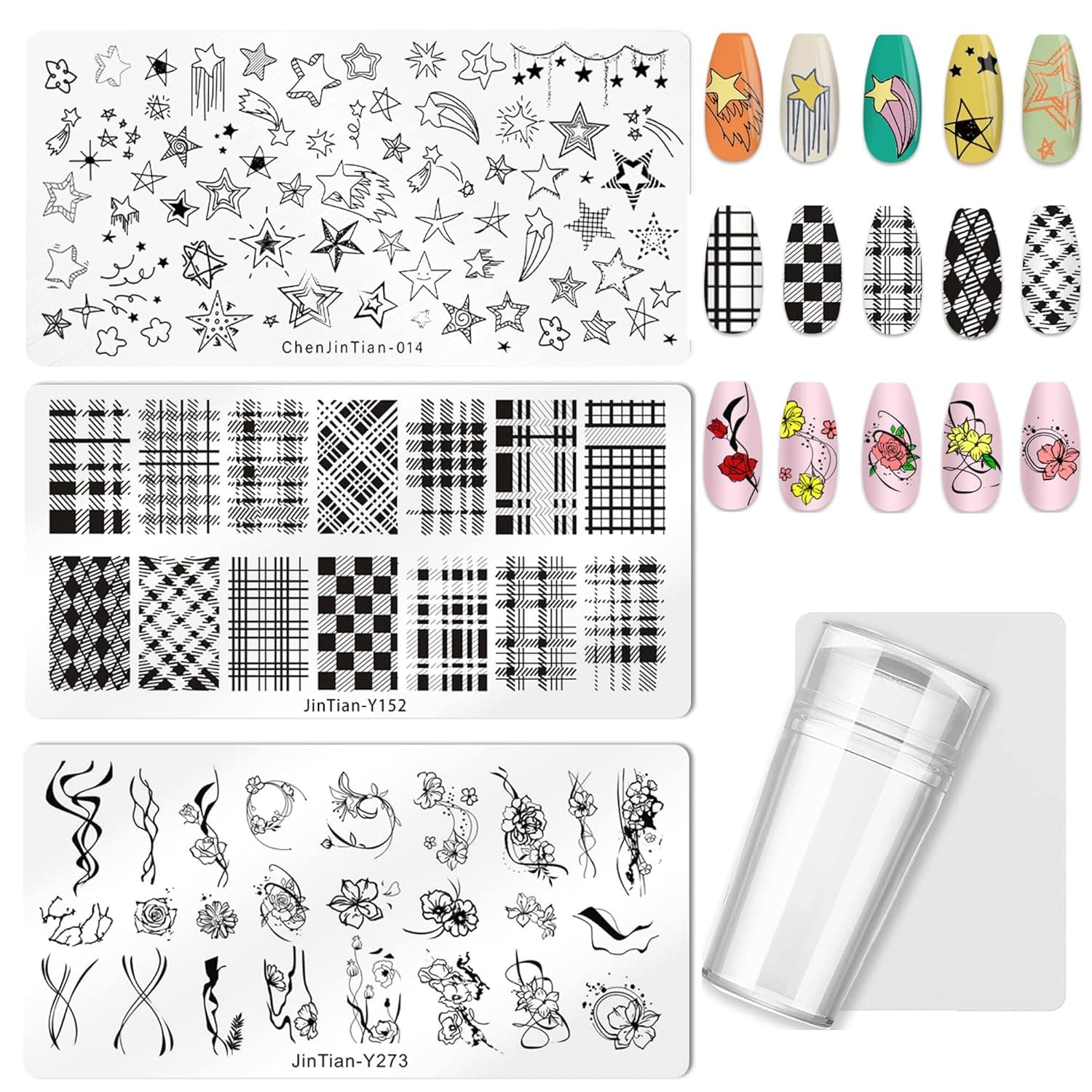 Bellelfin 3pcs Nail Stamper Kit Star Flower Geometry Checkered Image Template Nail Art Stamping Plate with Clear Stampand Scraper