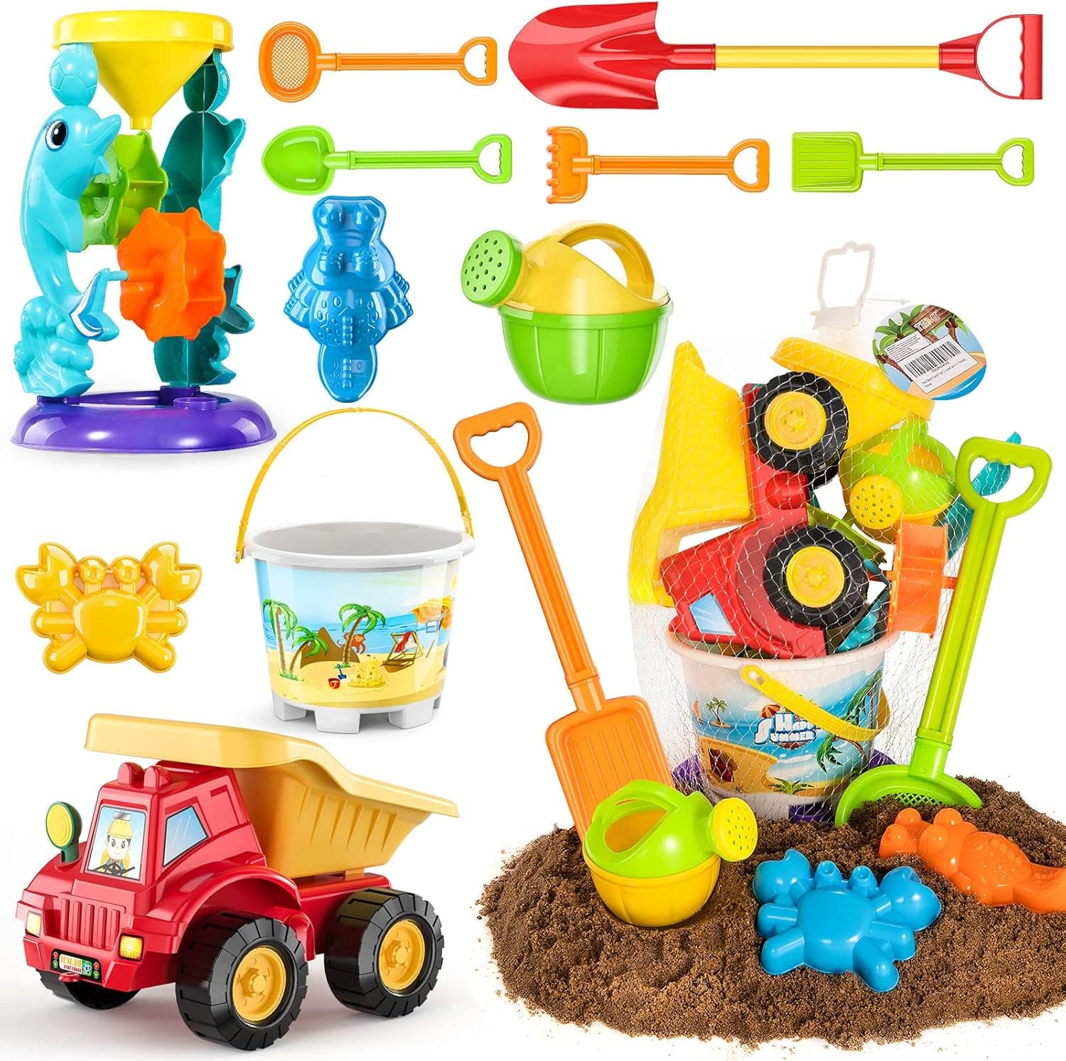 TEMI Kids Beach Sand Toys Set - 11PCS Outdoor Sandbox Toys with Bucket, Water Wheel, Dump Truck, Shovels, Rakes, Watering Can and Molds, Summer Outdoor Toys Gifts for Toddler Boys Girls