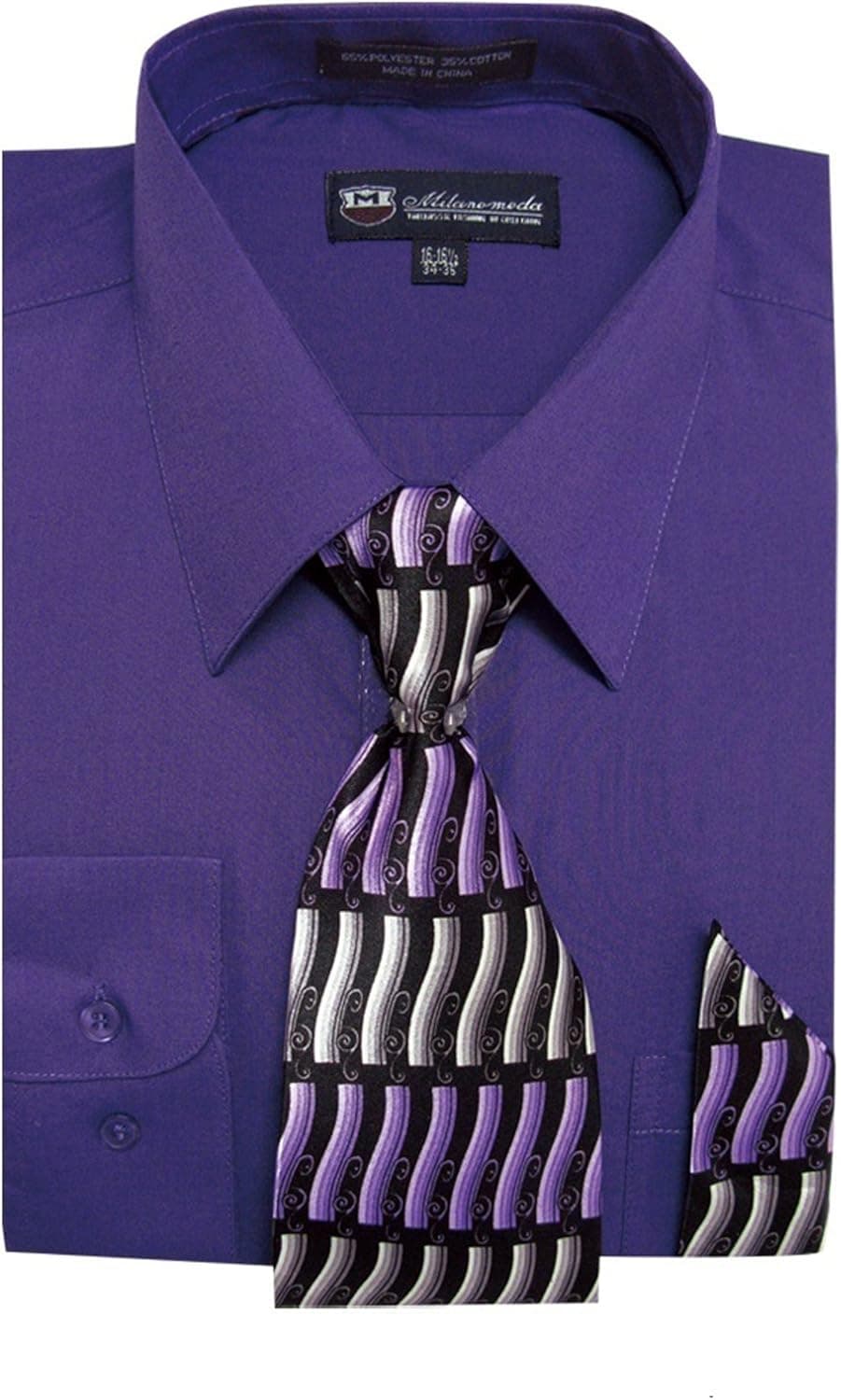 Milano Moda Men's Long Sleeve Dress Shirt With Matching Tie And Handkie