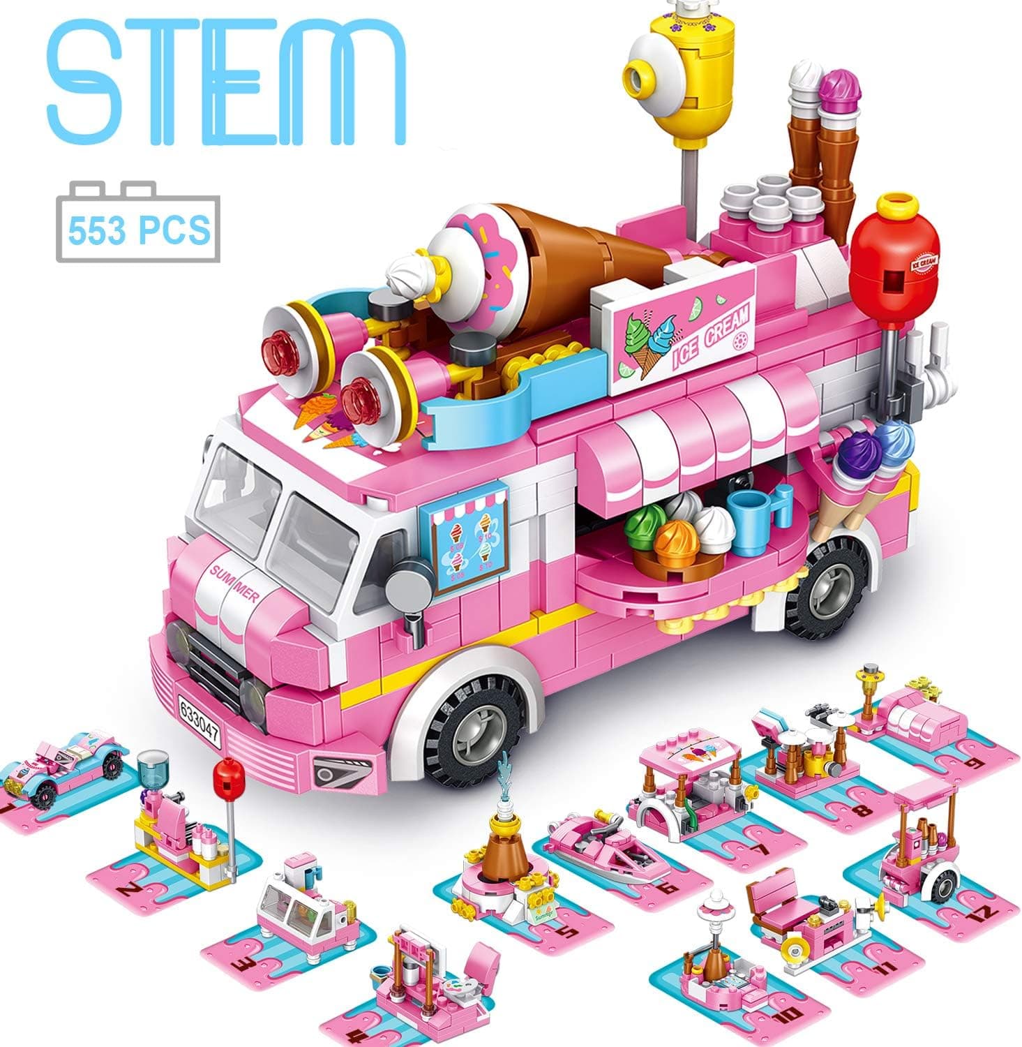 brusionly STEM Building Toys, Toys for 6 Year Old Girls 553 PCS Ice Cream Car 25 Forms STEM Activities for Kids Ages 6-12 Ice Cream Vehicles Kit|Best Gifts for 6 7 8 9 10 11 12 Year Old Girls