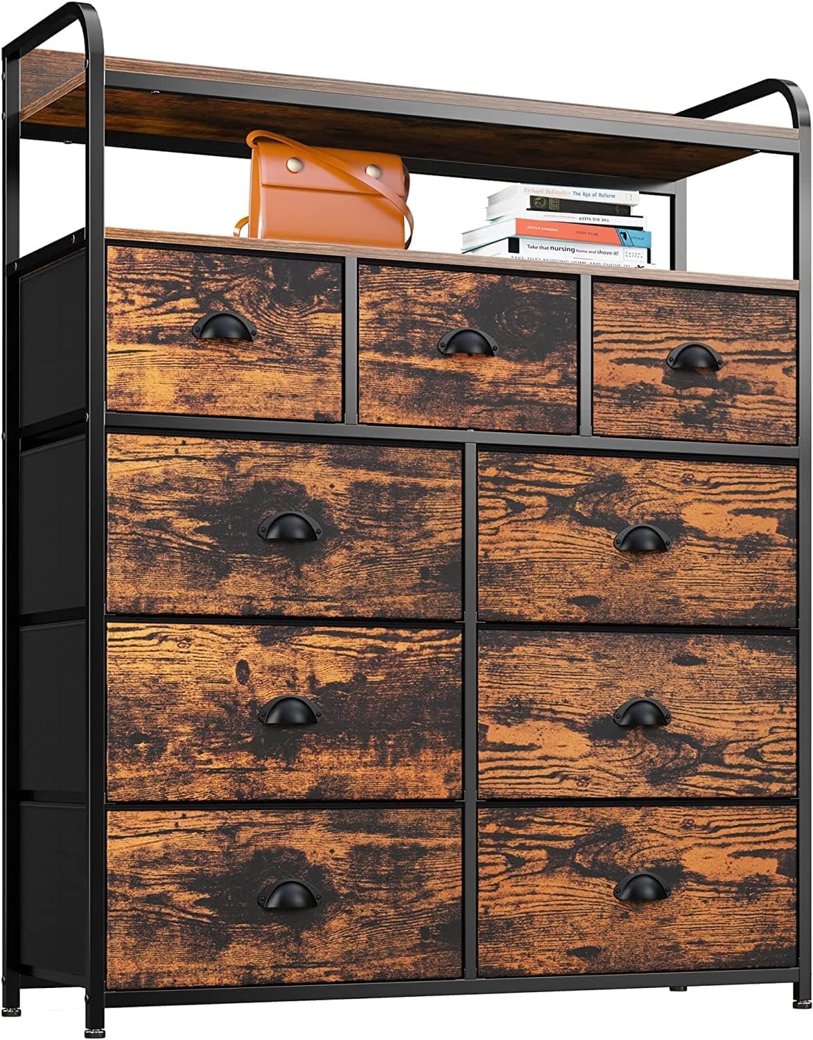 EnHomee Dresser for Bedroom with 9 Drawers, Tall Dressers for Bedroom with Shelves Dressers & Chests of Drawers Fabric Storage Drawer Units for Bedroom, Closet, Rustic Brown