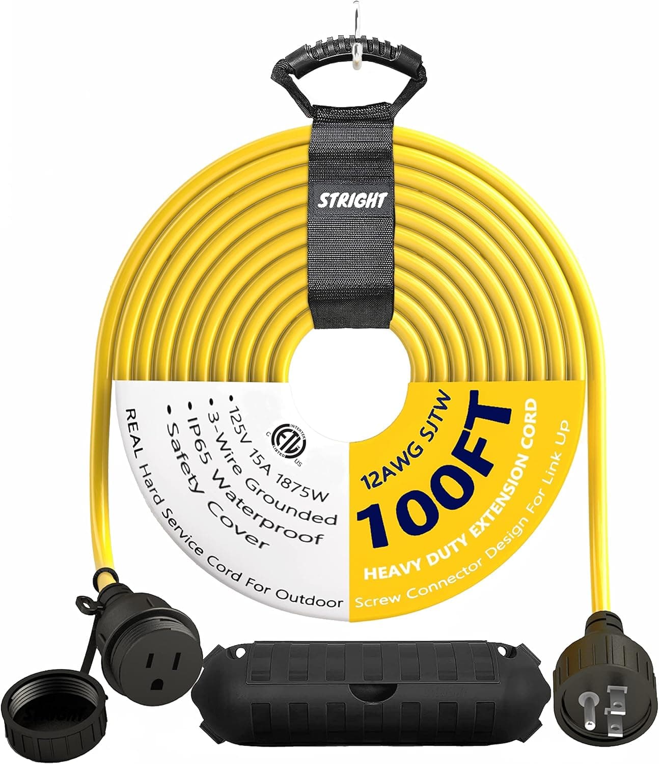 100FT Outdoor Weather Protection Extension Cord Waterproof with Safety Cover, 12/3 AWG Heavy Duty 3 Prong Electric Cord Outside, 12 Gauge SJTW 15Amp 1875W, Yellow Color, ETL Listed