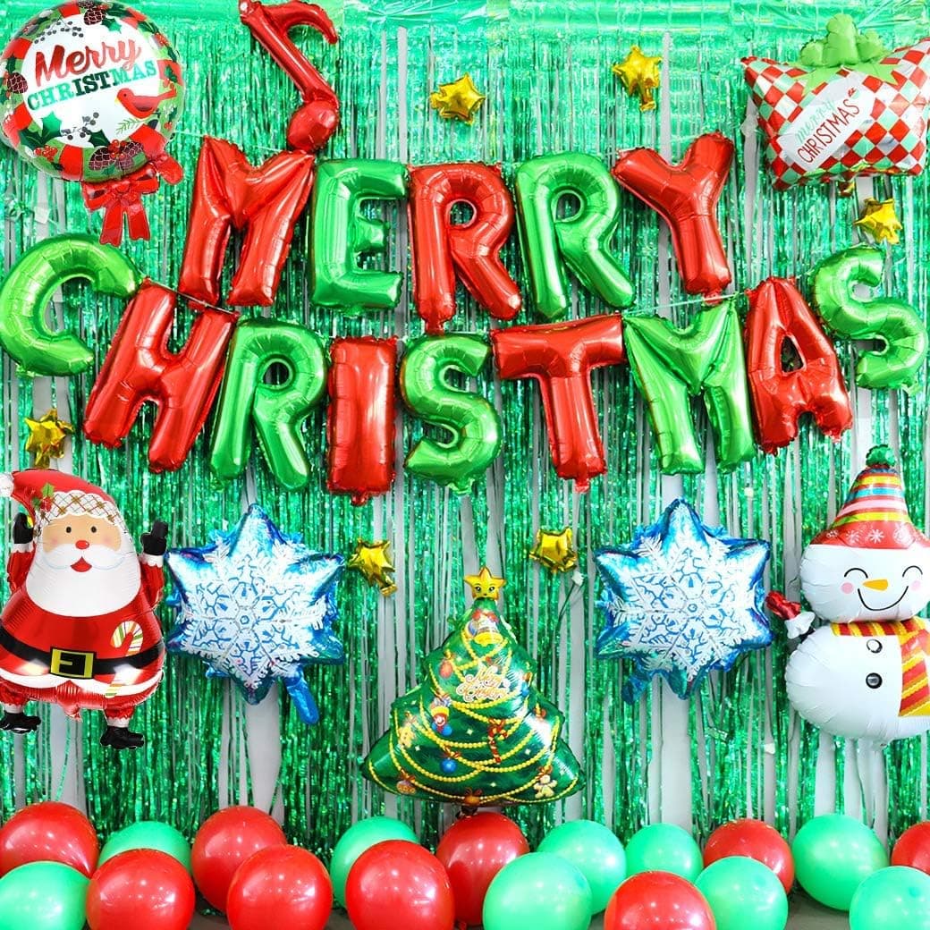 Christmas Party Decorations, Merry Christmas Balloons Banner, Santa Claus, Xmas Tree, Snowman, Balloon Pump and Green Foil Fringe Curtains Photo Backdrop for Xmas Party Decorations (55Pcs)