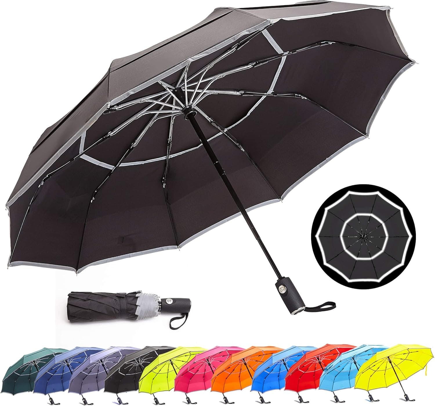 HOSA Auto Open Close Compact Portable Lightweight Automatic Repel Folding Travel Umbrella Ergonomic Handle Double Vented Windproof UV Protection, For Raining Sunny Days Night Time Use, Multiple Colors