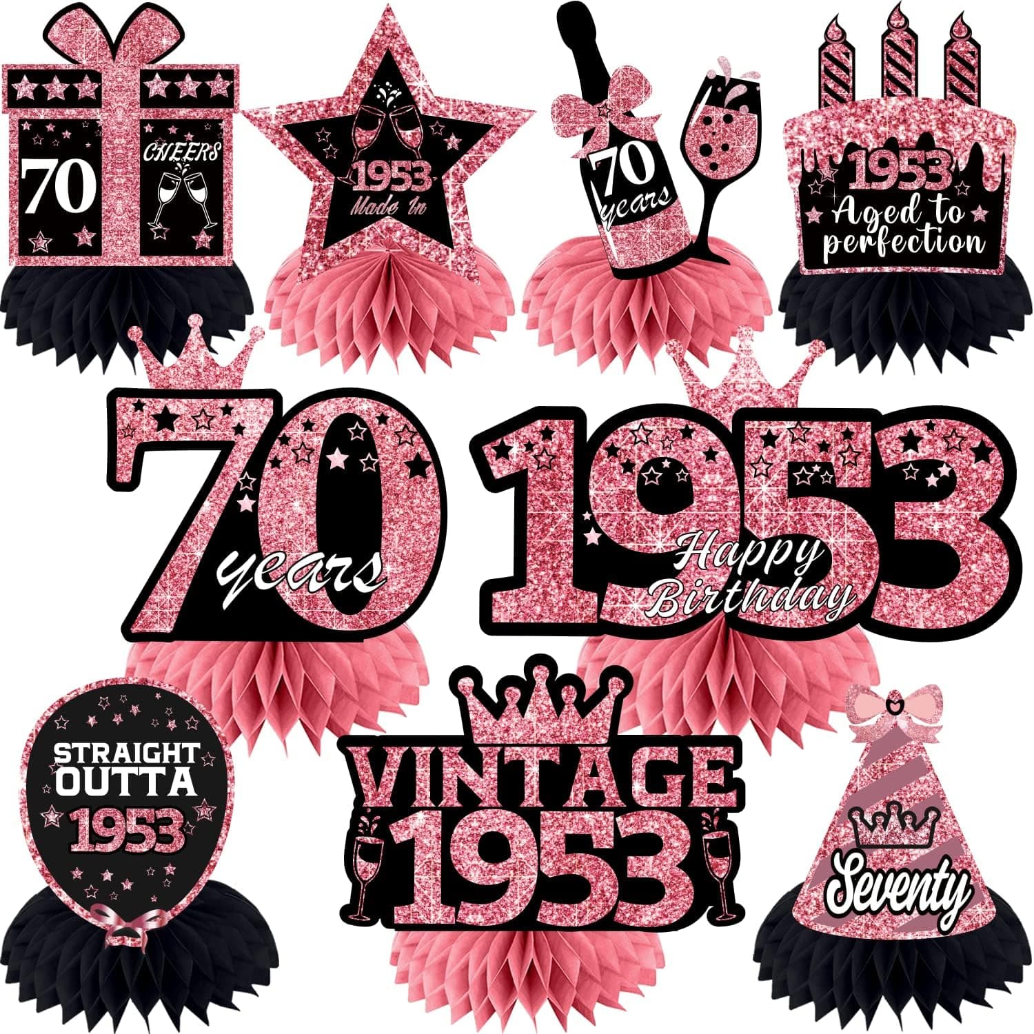 9pcs 70th Birthday Centerpiece, Rose Gold 70th Birthday Decorations for Women Cheers to 70th Birthday Table Decorations Vintage 1953 Aged to Perfection Seventy Years Old Honeycomb Centerpiece cocomigo