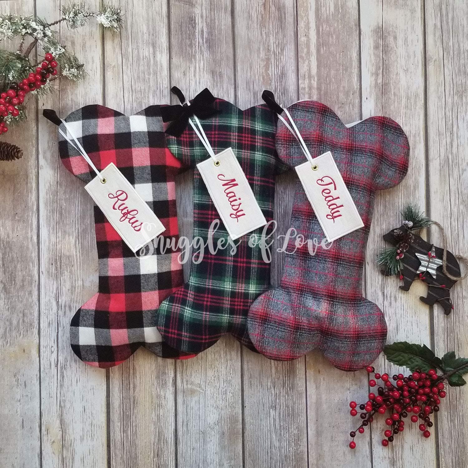 Personalized Plaid Dog Christmas Stocking - 8 Styles - Pet Stocking in Buffalo Plaid Stag Silhouette Red Gray Black Plaid Plush Fur with Optional Monogrammed Name Tag - Handmade by Snuggles of Love