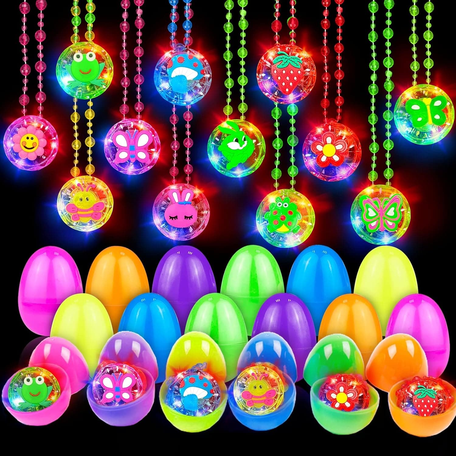 AMENON 12 Pcs Easter Basket Stuffers Easter Eggs with Toys Light Up Necklaces , 12 Surprise Eggs Filled 12 Different Bunny Led Necklaces Glow In The Dark Egg for Kids Boys Girls Easter Hunt Party Gifts