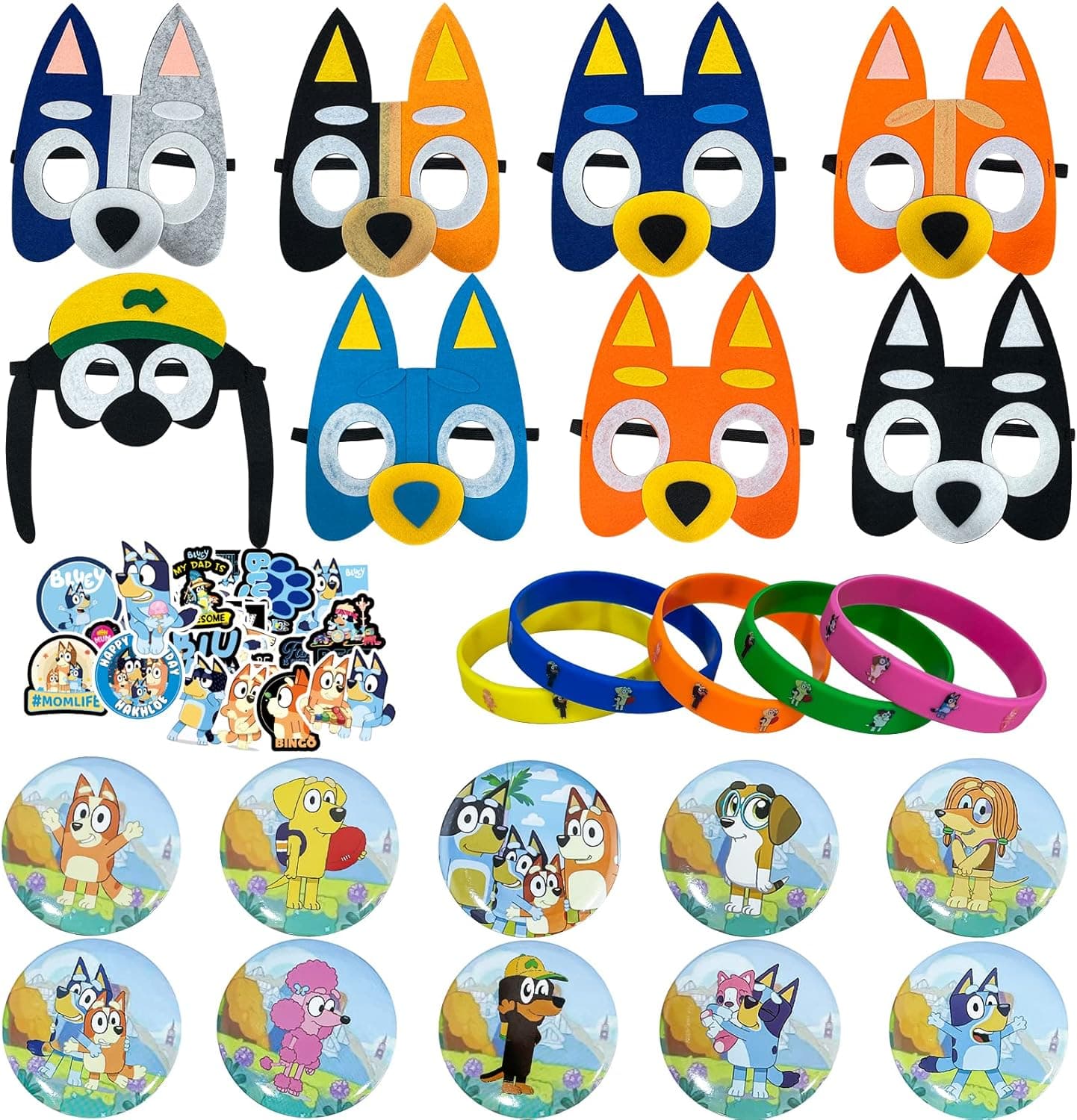 78 Pcs Blue Dog Birthday Party Supplies,Puppy Dog Themed Party Supplies Set For Boys and Girls,Include 10 Bracelets, 50 Stickers, 8 Felt Masks,10 Button Pins
