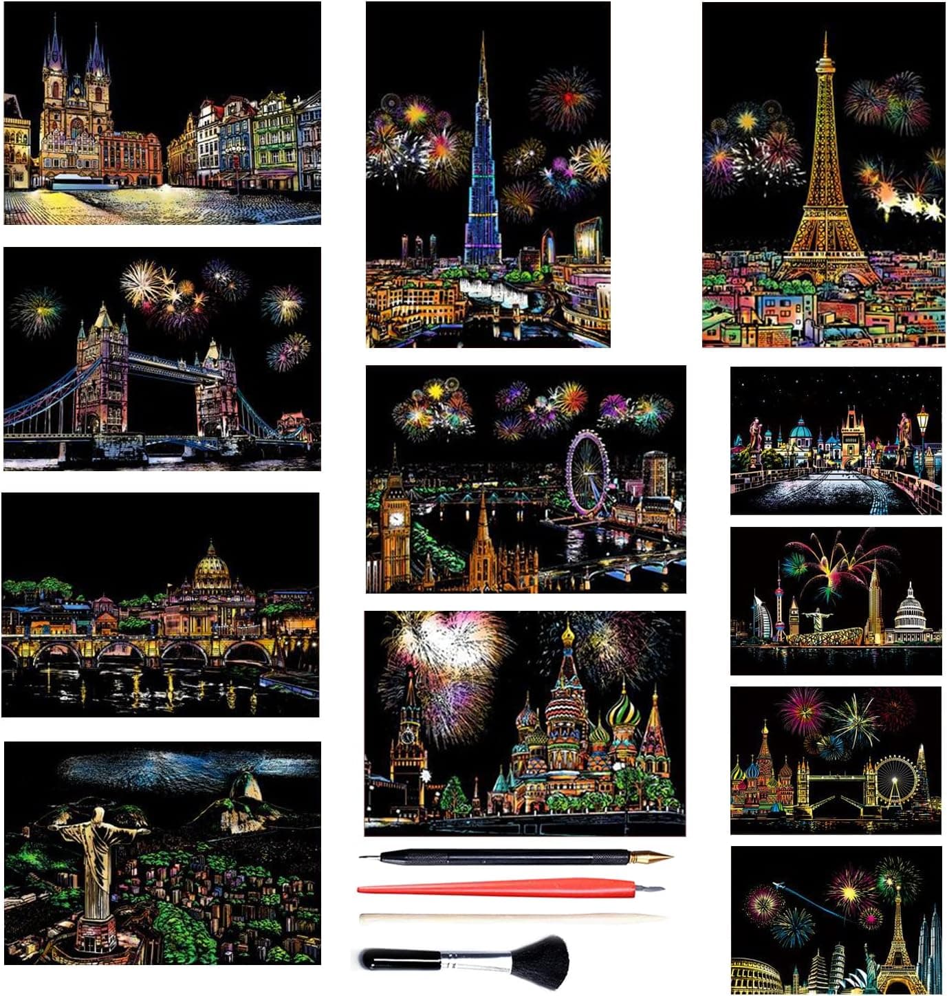 Georgie Porgy Scratch Art Paper A4 Set for Kids Adults Magic Rainbow Scratch Postcards Boards for DIY Arts and Crafts Kits Christmas Birthday Gift with Scratching Tools Kit (Beauty+Fireworks City)