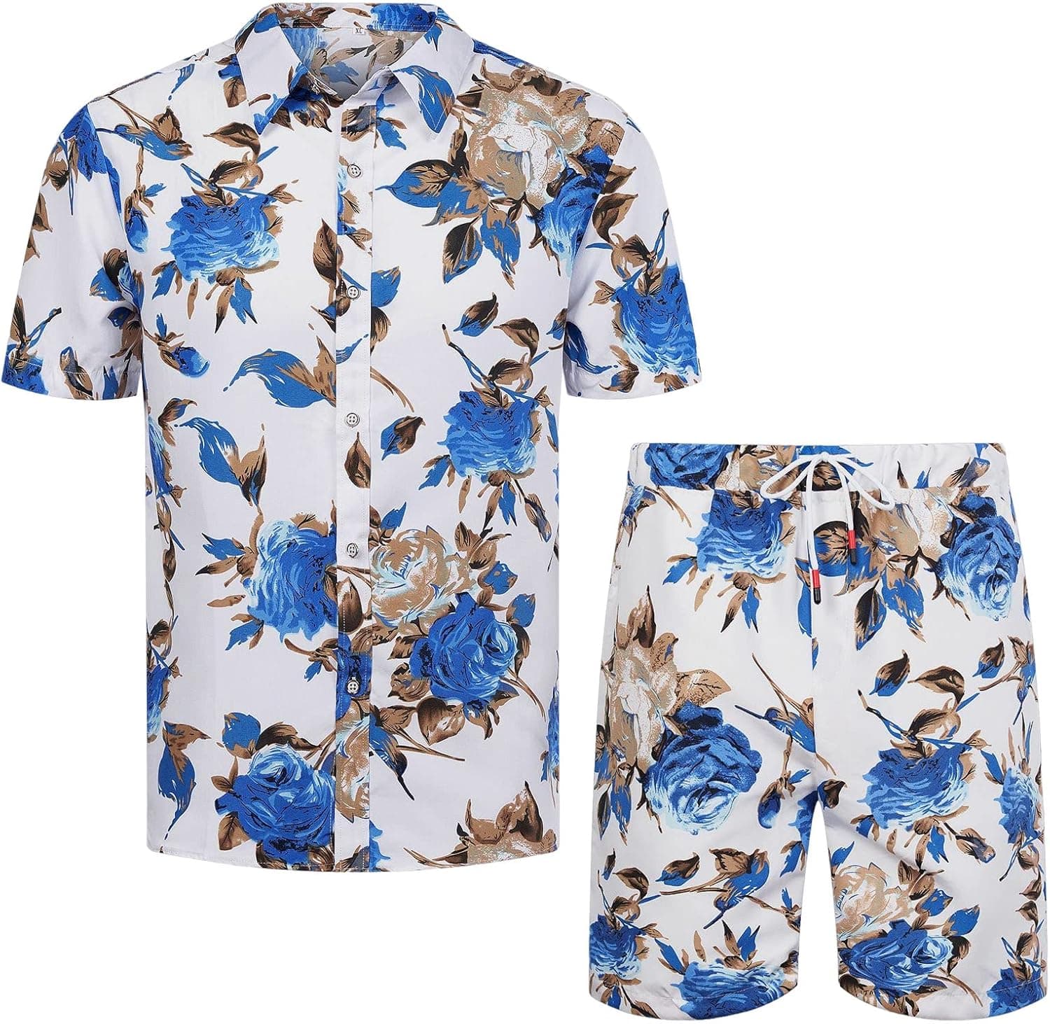 MANTORS Mens Floral Hawaiian Outfits 2 Piece Button Down Short Sleeve Shirt and Shorts Sets