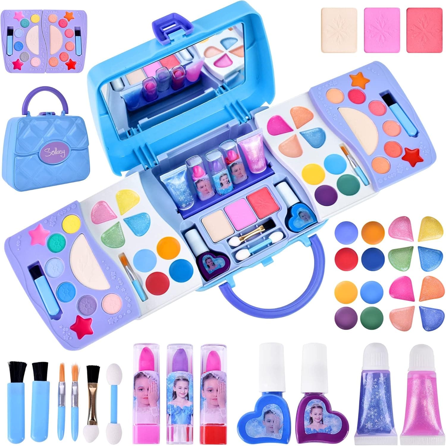 SOLLASY Kids Makeup Kit for Girl Kids Toys Makeup for Kids 50PCS Play Makeup Set Washable Cosmetic Non-Toxic Toddlers Pretend Frozen Makeup Birthday Gifts for Age 3 4 5 6 7 8 9 10 11 12 Years Old