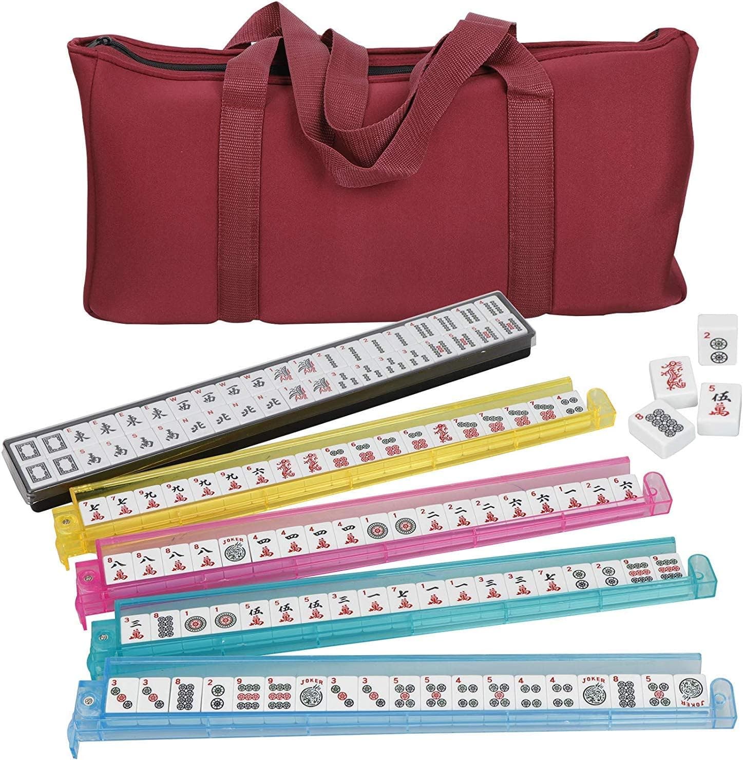 Saturnpower American Mah Jongg Mahjong Set ,166 Tiles, 4 Colors All-in-One Rack/Pushers, Red Soft Bag and Accessories,Classic Full Size Complete Mahjongg Mah Jong Set Family Party Table Game