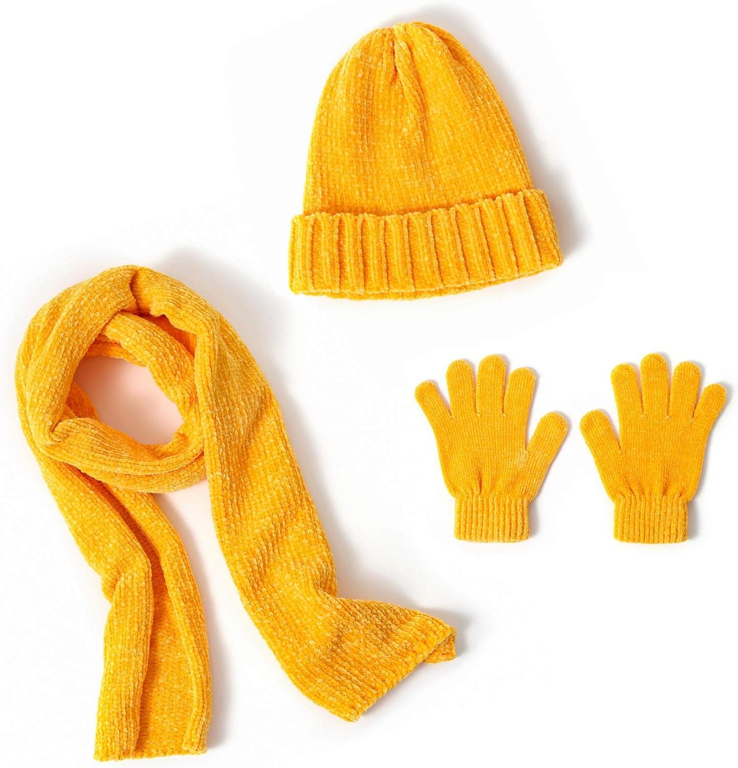 accsa Women Chic Yellow Chenille Fabric Beanie Gloves Scarf Set