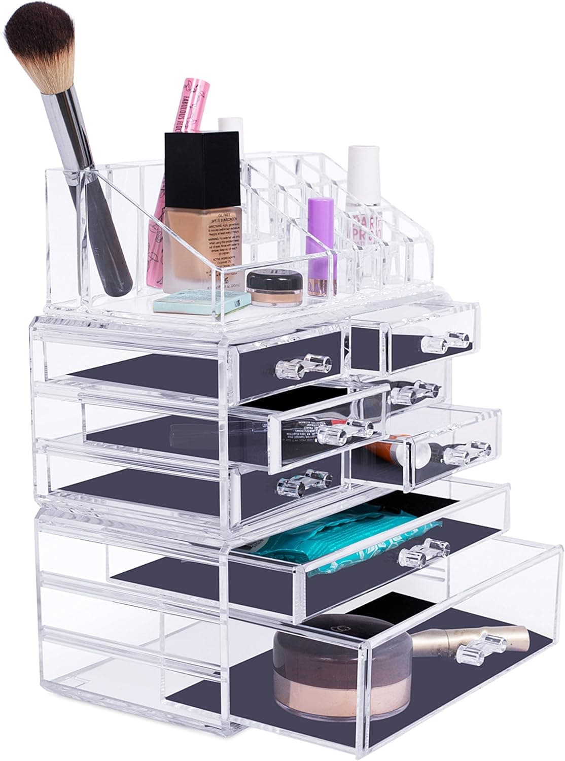 Internet's Best Acrylic Cosmetic Makeup Organizer - 3 Piece Display with Multi Drawers & Compartments for Lipstick, Bottles & Brushes - Jewelry Display & Drawers - Clear Display Rack Holder