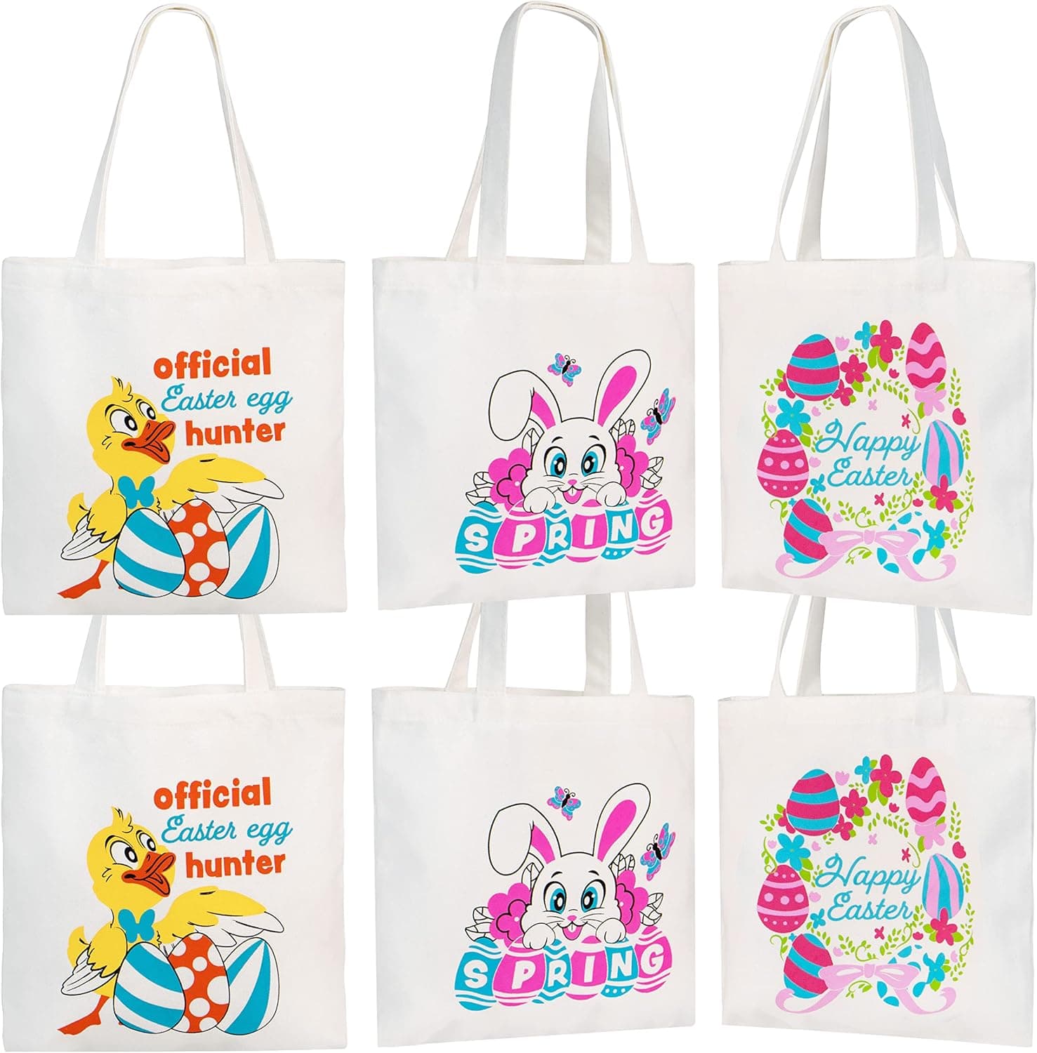 JOYIN 6 Pcs Easter Reusable Canvas Grocery Bags 13" x 13" Easter Cotton Tote Bags for Easter Eggs Hunt, Easter Basket, Easter Party Gift Goodie Bags with Handles, Easter Kids Party Favor Supplies(3 Designs)
