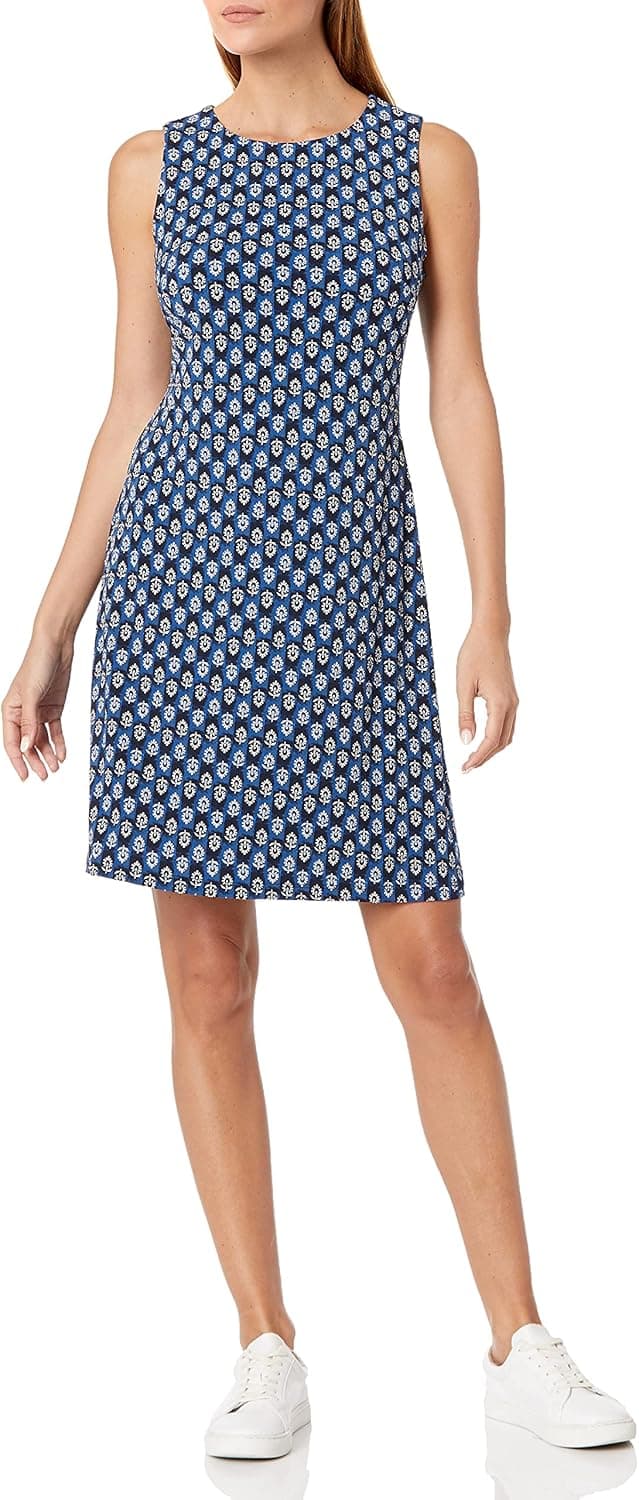 Tommy Hilfiger Women's Round Neck Dress, Sky Captain/Parchment, 16