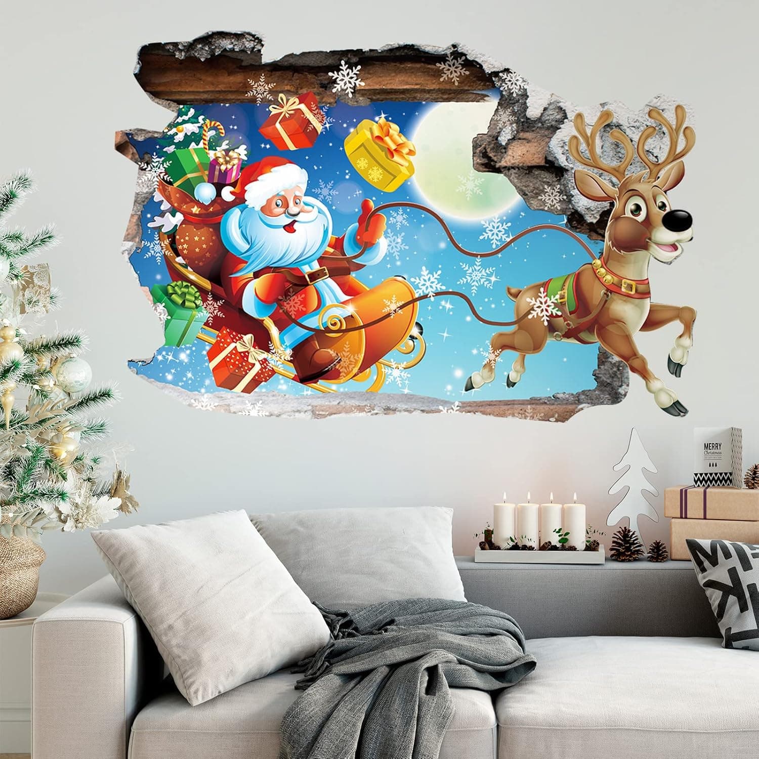 3D Christmas Wall Decals Santa Claus Wall Stickers Christmas DIY Break Through The Wall Vinyl Stickers Santa Claus Carrying Present Wall Mural Decals Removable Home Decor for Kids Room Living Room