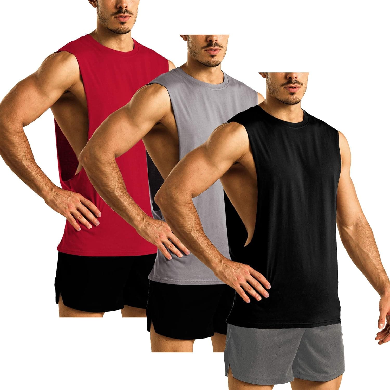 GYM REVOLUTION Men's 3 Pack Open Side Athletic Gym Muscle Tank Tops Workout Bodybuilding Fitness Sleeveless Shirt Black & Gray & Wine Red M