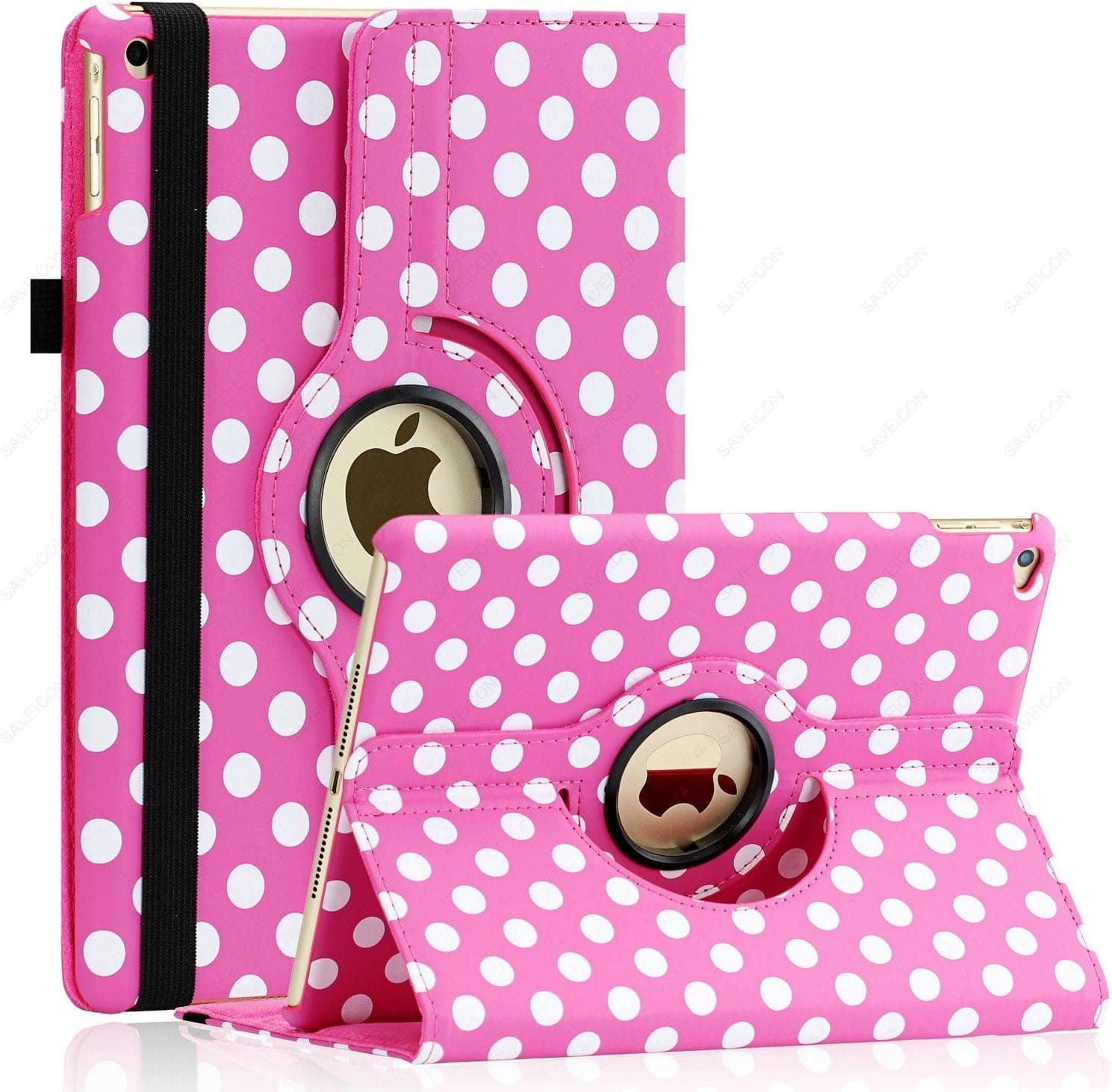 iPad Air Case (Released 2013), SAWE - PU Leather Case with 360 Degrees Rotating Swivel Stand Folio Case Smart Cover for New Apple iPad Air 1 (iPad 5) Gen with Sleep / Wake Up Feature WiFi & 4G LTE (Hot Pink Dot)