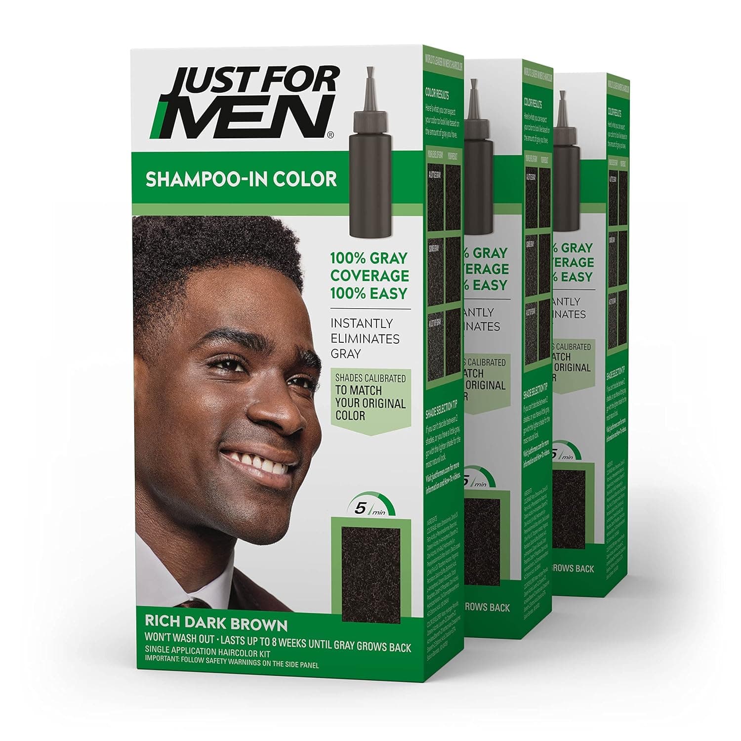Just For Men Shampoo-In Color (Formerly Original Formula), Mens Hair Color with Keratin and Vitamin E for Stronger Hair - Rich Dark Brown, H-47, Pack of 3