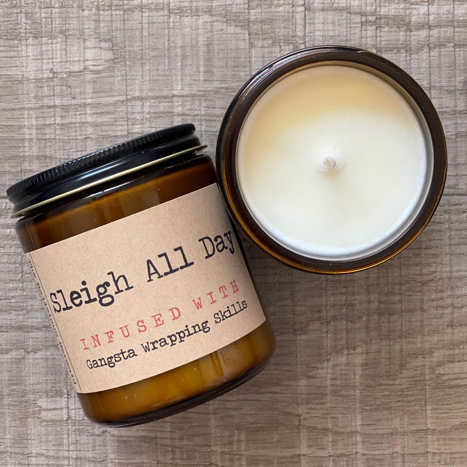Sleigh All Day Infused With Gangsta Wrapping Skills | Premium Soy Wax Candle | The Malicious Mermaid | Amber Jar Candle | Made in USA | Snarky Candles | Scented Candles For Women And Men