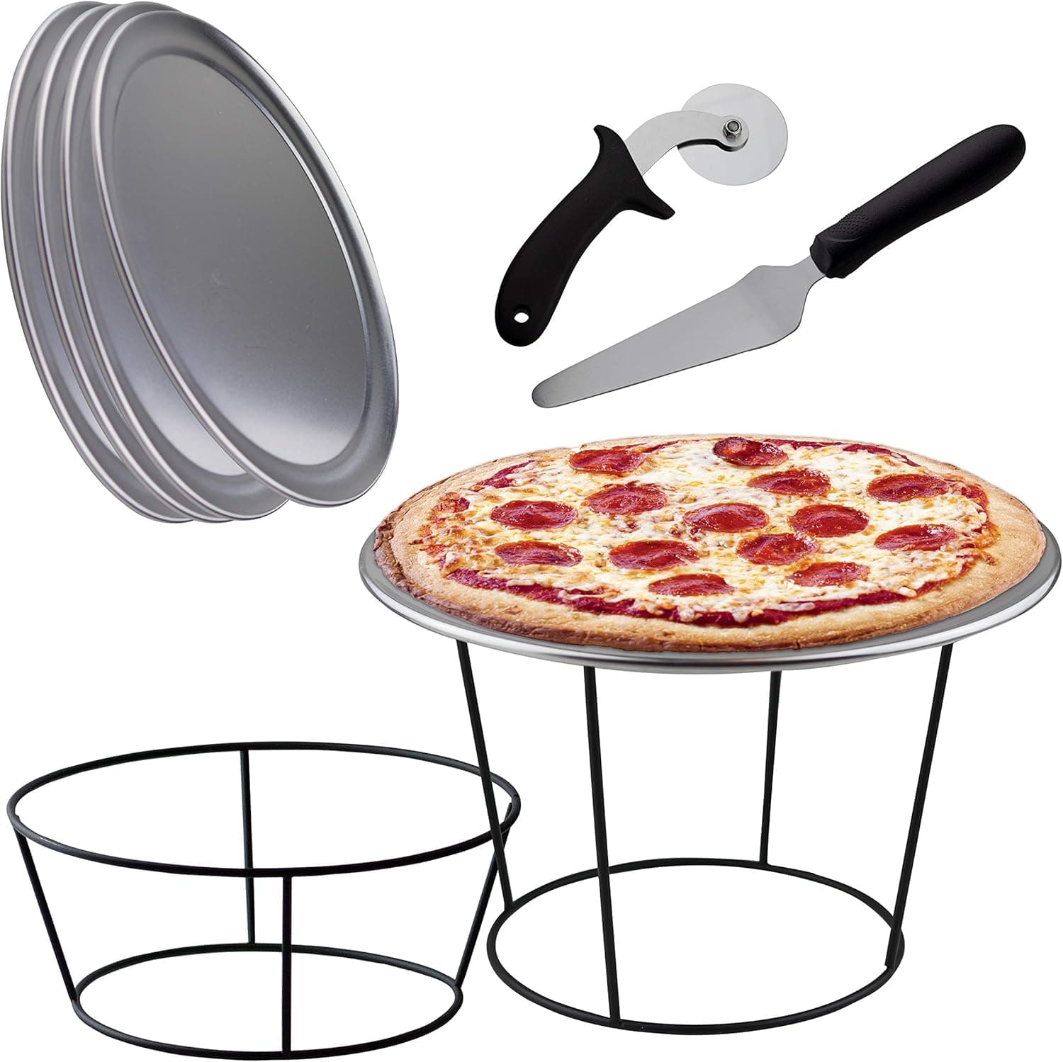 Pizza Accessories Set- 4 Pizza Riser Stands for Tables, 4 Pizza Serving Tray Pans 12 Inch, 4 Pizza Spatula Pie Servers, 1 Pizza Wheel Cutter