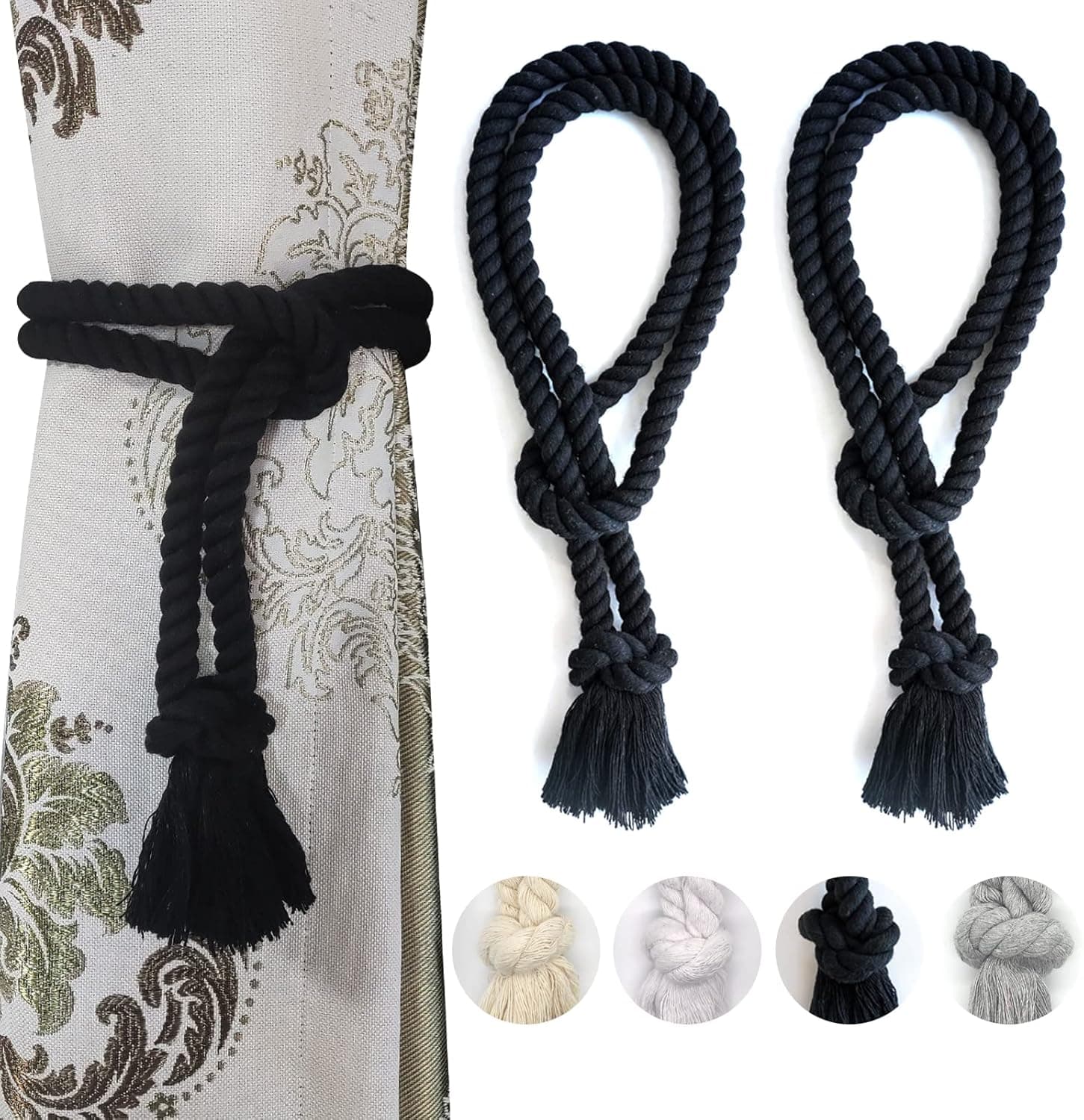 Yteseery 2 Pack Curtain tiebacks Rope, Outdoor Curtain Tiebacks, Natural Cotton Curtain Ties, Village Rural Rustic Farmhouse Curtain Holdbacks Curtain tie Backs Holders for Heavy Duty Drapes, Black