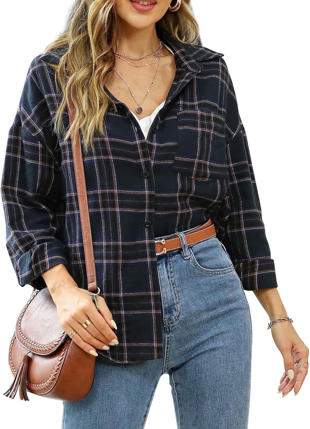 SHERRYRISE Women's Long Sleeve Plaid Collared Shirt Button Down Loose Blouse with Pocket