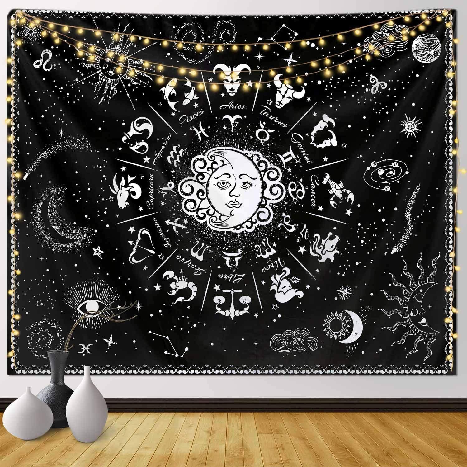 Sun and Moon Zodiac Tapestry Wall Hanging Black and White Constellation Wall Tapestry for Bedroom Aesthetic Dark Tapestry Indie Room Decor Teen Girl Extra Large Dorm College Tapestry 90x70inch
